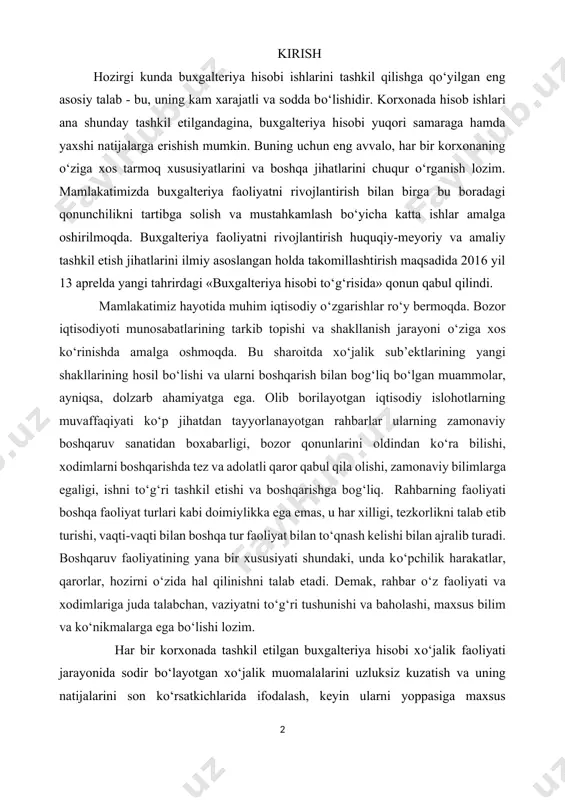 bo‘lgan muammolar, ayniqsa, dolzarb ahamiyatga ega. olib borilayotgan iqtisodiy islohotlarning muvaffaqiyati ko‘p jihatdan tayyorlanayotgan rahbarlar ularning zamonaviy boshqaruv sanatidan boxabarligi, bozor qonunlarini oldindan ko‘ra bilishi, xodimlarni boshqarishda tez va adolatli qaror qabul qila olishi, zamonaviy bilimlarga egaligi, ishni to‘g‘ri tashkil etishi va boshqarishga bog‘liq. rahbarning faoliyati boshqa faoliyat turlari kabi doimiylikka ega emas, u har xilligi, tezkorlikni talab etib turishi, vaqti-vaqti bilan boshqa tur faoliyat bilan to‘qnash kelishi bilan ajralib turadi. boshqaruv faoliyatining yana bir xususiyati shundaki, unda ko‘pchilik harakatlar, qarorlar, hozirni o‘zida hal qilinishni talab etadi. demak, rahbar o‘z faoliyati va xodimlariga juda talabchan, vaziyatni to‘g‘ri tushunishi va baholashi, maxsus bilim va ko‘nikmalarga ega bo‘lishi lozim. har bir korxonada tashkil etilgan buxgalteriya hisobi xo‘jalik faoliyati jarayonida sodir bo‘layotgan xo‘jalik muomalalarini uzluksiz kuzatish va uning natijalarini son ko‘rsatkichlarida ifodalash, keyin ularni yoppasiga maxsus hujjatlarda aks ettirishni ta’minlash lozim. shu bilan birgalikda korxona biznes-rejasini va kelgusidagi strategik dasturlarini tuzishda kerakli ma’lumotlar …