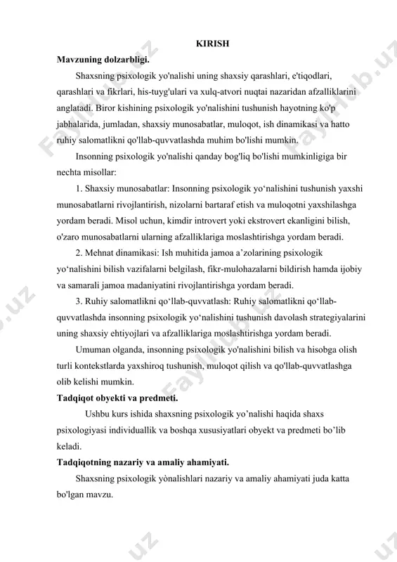 aliy ahamiyati juda katta bo'lgan mavzu. nazariy ahamiyat: bu qaror qilish uchun zarur bo'lgan nazariy asoslar, konseptsiyalar va tushunchalar bilan bog'liqdir. nazariy tushunchalar, insonning psixologik o'zgarishlarini, o'zini tushunish va bajarish usullarini, xohishlarini va talablari, tajribalarini va o'z-o'zini aniqlash jarayonini tushuntirishda katta rol o'ynaydi. bu tushunchalar, psixologik masalalarni o'rganish va tahlil qilishda asosiy bo'lib, insonlarning o'zini tushunish va bajarish jarayonlarini tushunish uchun juda muhimdir. amaliy ahamiyat: bu esa nazariy tushunchalarni amalga oshirish va amaliyotda qo'llashni anglatadi. amaliy tushunchalar, insonlarning psixologik xarakteristikalarini, o'z-o'zini bajarish usullarini o'rganish va rivojlantirishda yordam beradi. ushbu tushunchalar, insonlarning xavfsizlik, tinchlik, o'z-ona tushunish, o'zini qabul qilish va boshqa psixologik va muammolarini boshqarishda muhimdir. amaliy tushunchalar, insonlarni o'zlarini taraqqiyotga olib borish, salomatlik va xavfsizlikni ta'minlash, o'z-o'zini tushunish va bajarishni rivojlantirish jarayonlarida yordam beradi. kurs ishining tarkibi: ushbu kurs ishi kirish, 2 ta bob, 4ta reja va uning tarkibidagi xulosa va foydalanilgan adabiyotlar ro‘yxatidan iborat. 1.1 shaxs haqida tushuncha. har …