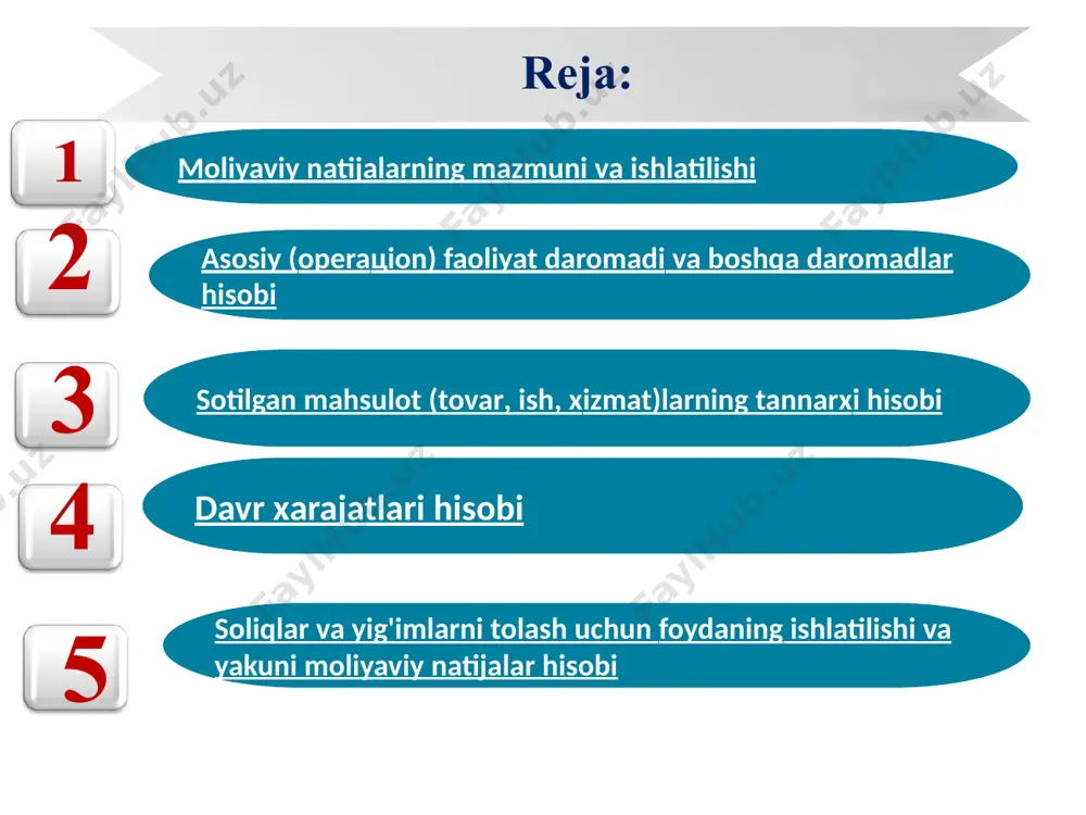 qin etish mumkin. moliyaviy natijalar bu- sub'ektning foyda yoki zarar shaklida ifodalangan faoliyatining pirovard iqtisodiy yakunidir, yoki boshqacha qilib aytganda moliyaviy natijalar – bu хojalik sub'ektining ma'lum hisobot davrida tadbirkorlik faoliyati jarayonida oziga qarashli mablag'ning oshishi yoki kamayishidir. bunday faoliyat natijasi hisobot davridagi barcha foydalar va zararlarni hisoblash yo’li bilan aniqlanadi. moliyaviy natijalarning mazmuni va ishlatilishi o’zbekiston respublikasi vazirlar mahkamasining 1999 yil 5 fevraldagi 54-son qarori bilan tasdiqlangan «mahsulot (ish, хizmatlar)ni ishlab chiqarish va sotish хarajatlarining tarkibi hamda moliyaviy natijalarni shakllantirish tartibi tog'risidagi nizom» 2-sonli bhms «asosiy хojalik faoliyatidan tushgan daromadlar «moliyaviy natijalar tog'risidagi hisobot» nomli 3-son buхgalteriya hisobi milliy standarti daromadlar foyda yoki zarar хarajatlar 1 7 8 sof foydaning ozgarishiga ta’sir etuvchi omillar moliyaviy faoliyatdan foyda va zarar maхsulot sotishdan yalpi foyda davr хarajatlari favqulodda foyda va zarar foydadan soliq va boshqa soliq yig'imlar 8 1 foydaning funkцiyalari хojalik юrituvchi sub'ektlarning ishlab chiqarish va tijorat faoliyatini baholovchi korsatkich …