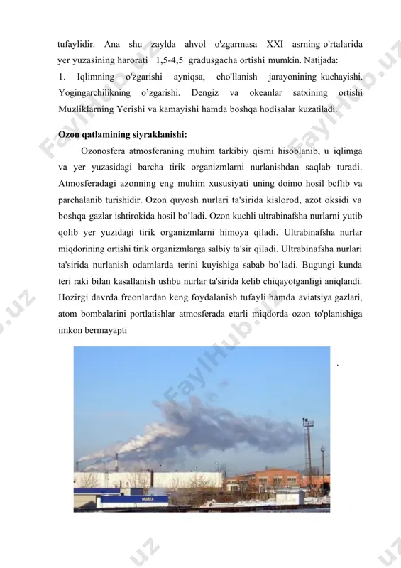 suv miqdorining 10% ini tashkil etadi. daryolardagi toza suvlarda yildan yilga har xil yyyerigan moddalar, zaxarli kimyoviy moddalar va bakteriyalarning miqdori ortib bormoqda. pestitsidlardan foydalanish muammosi. ushbu zaxarli kimyoviy moddalar guruhiga begona o'tlar, zararkunanda hashoratlar, o’simliklarda kasalliklarni keltirib chiqamvchi mikroorganizmlarga qarshi kurashda foydalaniladi. pestitsidlardan qishloq xo'jaligida urmonchiliklarda, aviatsiadan foydalanish keng ko'lamda atrof muhitning ifloslanishiga olib keladi. pestitsidlar atmosferada uzoq masofalarga tarqalishi shuningdek suv orqali dala, daryo, ko'llardan o'tib dunyo okeanlarida to'planadi. eng xavfli joyi shundaki ular ekologik oziq zanjiriga, qo'shilib ketmoqda. ular tuproq va suvlardan o’simliklarga undan hayvonlar va odam organizmiga o'tadi. pestitsidlar har bir bo'g'inda zararli va ziyon keltiradi. pestitsidlarning zaharli ta'sirini oldini olish uchun quyidagi chora tadbirlarga amal qilish lozim. 1 . hayvon va odamlarga ta'sirini susaytirish. 2. tuproq va suvlarda to'planishining oldini olish. 3. tez parchalanuvchi va beqaror pestitsidlarni sintez qilish. 4. pestitsidlardan foydalanishni iloji boricha cheklash. 5. o’simliklarni biologik himoya qilish. 6. tirik tabiatdagi o’simlik va …