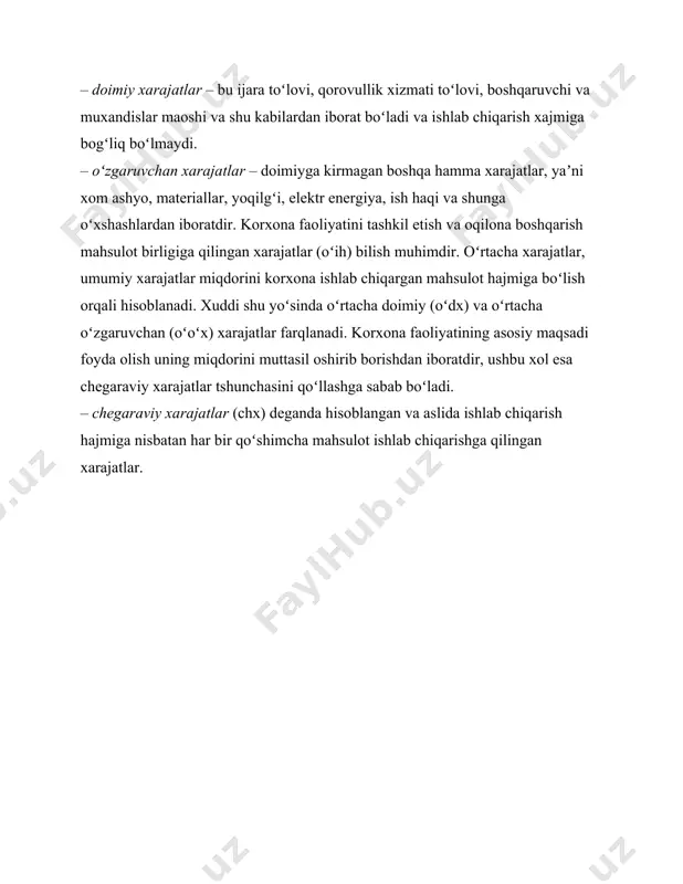 ilarli ta’sir ko‘rsatadi. shu sababli vaqt omilidan kelib chiqib, ishlab chiqarish xarajatlarini qisqa va uzoq muddatli davrda alohida tahlil qilinadi. korxona ishlab chiqarish hajmini o‘stirish uchun qisqa davrda faqat o‘zining o‘zgaruvchi xarajatlari miqdorini o‘zgartirishi mumkin. bu qisqa muddatli xarajatlardir. ishlab chiqarish quvvatlari esa (ishlab chiqarish bino va inshootlari maydoni, texnika va texnoligiyalar miqdori) doimiy bo‘lib qoladi, hamda bu davr faqat ulardan foydalanish darajasini o‘zgartirish uchun yetarli bo‘lishi mumkin. uzoq muddatli davr-bu korxonaning ishlab chiqarish quvvatlarini va barcha band bo‘lgan resurslari miqdorini o‘zgartirish uchun yetarli bo‘lgan davrdir. ishlab chiqarish quvvatlarining o‘zgarishini taqozo qiladigan davr davomiyligi ayrim tarmoq va korxona xususiyatidan kelib chiqib farqlanishi mumkin. qisqa muddatli davr mobaynida korxona o‘zining doimiy quvvatlariga o‘zgaruvchi resurslar miqdorini qo‘shib borish yo‘li bilan ishlab chiqarish hajmini o‘zgartirishi mumkin. biroq, ishlab chiqarish quvvatlariga (doimiy resurslarga) qo‘shilgan o‘zgaruvchi resurslar ma’lum vaqtdan so‘ng kamayib boruvchi natija, ya’ni mahsulot beradi. bu holat marjinalistlar tomonidan ishlab chiqilgan samaraning kamayib borishi …