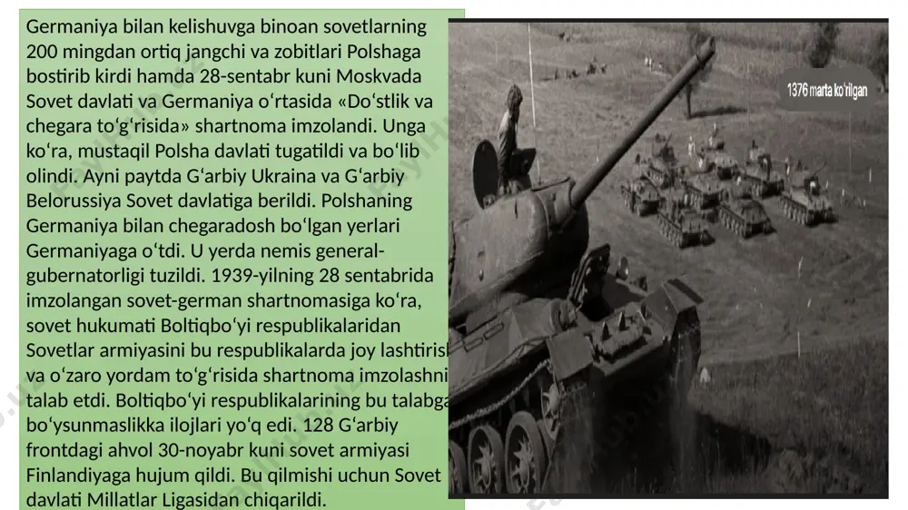 («dengiz sheri» operatsiyasi). shimoliy afrikada urush harakatlari italiya 1940-yilning yozida sharqiy va shimoliy afrikadagi dengiz mustamlakalariga qarshi harbiy harakatlar boshladi. birinchi nishon somali va misr bo‘ldi. italiya armiyasi dastlab muvaffaqiyatga erisha boshladi. biroq 1940-yilning oxiriga kelganda buyuk britaniya armiyasi italiya armiyasi harakatini to‘xtata oldi. 1941-yil bahorida buyuk britaniya armiyasi efiopiya partizanlari bilan birgalikda italiya armiyasini somali va efiopi yadan surib chiqarishga va ayni paytda liviyaning bir qismini egallashga muvaffaq bo‘ldi bolqondagi urush harakatlari. fashistlarning yangi tartibi 1940-yilning 28-oktabrida italiya gretsiyaga hujum qildi. 1941-yilning 6-aprelida germaniya armiyasi italiyaga yordamga keldi va natijada 17-aprelda yugoslaviya, 23-aprelda gretsiya taslim bo‘ldi. buyuk britaniya hukumati gretsiyadagi ingliz kor pusini misrga evakuatsiya qilishga majbur bo‘ldi. 1941-yilning yozigacha germaniya va italiya yevropaning 12 davlatini zabt etishga ulgurdilar. bosib olingan davlatlarda fashistlarning okkupatsiya tartibi o‘rnatildi. fashistlar o‘zlarining bu tartibini «yangi tartib» deb atadilar. yangi tartibga ko‘ra, demokratik erkinliklar tugatildi; siyosiy partiyalar va kasaba uyushmalari faoliyati taqiqlandi. ish tashlash …