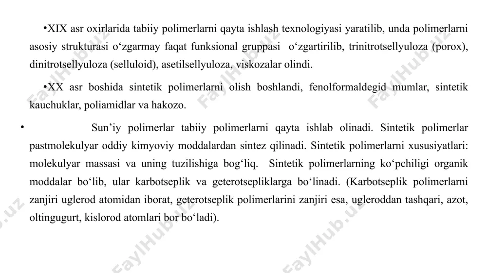 ni shakllash va plastmassadan buyum olish. buyum konstruksiyasi ilmiy jihatdan asoslangan va konkret eksplutatsiya sharoiti hisobga olingan holda ishlash qobiliyatiga ega bo‘lishi shart. polimerlanish - bu ko‘p sonli monomerlarni qo‘shimcha moddalar ajratib chiqarmay bir-biri bilan bog‘lanib, makromolekula hosil qilish jarayoni hisoblanadi. monomerlarni passiv holatdan aktiv holatga keltirish uchun initsiatorlar, katalizatorlar, oftob nuri, issiqlik yoki yadro energiyasidan foydalanadi. polimerizatsiya-qaytarilmas bo‘lib, issiqlik ajralib chiqishi bilan amalga oshiriladi. makromolekula hosil qilish mexanizmi bo‘yicha polimerlanish reaksiyasi pog‘onali yoki zanjirli bo‘ladi. eng keng tarqalgan usul zanjirli polimerlanish uch bosqichdan o‘tadi: 1. initsiatlash, initsirlash (boshlab berish). 2. zanjirni o‘sishi (o‘stirish). 3. zanjirni o‘zish (to‘xtatish). polimerlanish jarayoni radikal yoki, ion mexanizmlarda boradi. sopolimerlanish-ikki yoki bir necha har xil monomerlarni birgalikda polimerlanish jarayoniga aytiladi (ikki yoki undan ortiq kimyoviy tarkibi bilan farq qiladigan monomerlarning polimerizatsiyaga uchrashidan hosil bo‘ladi. (nima uchun kerak? chidamli polimer mahsulotlari olish uchun foydalaniladi). sanoatda polimerlanish jarayoni to‘rt usulda o‘tadi. 1. blok usuli 2. lok. …