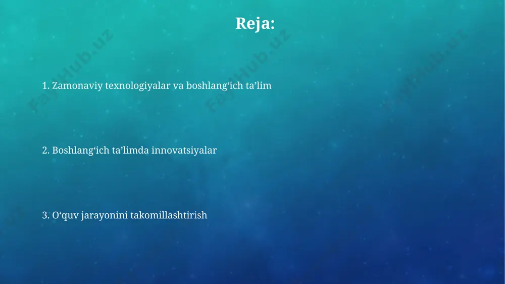 70% dan ortig'i bolalarining ta'limida faol ishtirok etishga tayyor ekanligini so'rov natijalari ko'rsatmoqda, bu esa maktab va oila o'rtasidagi samarali hamkorlik uchun keng imkoniyatlar yaratadi. interfaol oʻquv uslublari interaktiv o'yinlar va simulyatsiyalar orqali 5-sinf o'quvchilarining matematik ko'nikmalarini rivojlantirishda 30% samaradorlik kuzatilgan. tabletlar va smart-doskalar kabi texnologiyalarni qo'llash orqali interfaol o'qitish 80% ga yaqin o'quvchilarning motivatsiyasini oshiradi. axborot-kommunikatsiya texnologiyalari (akt) interaktiv o'yinlar va simulyatsiyalar orqali 5-sinf o'quvchilarining matematikada muammo yechish ko'nikmalarini 30% ga oshirish mumkinligini ko'rsatuvchi tadqiqotlar mavjud. onlayn ta'lim platformalari orqali 1000 dan ortiq o'quv resurslariga kirish imkoniyati ta'minlanib, individual o'quv rejalari tuzishga yordam beradi. kelajakdagi istiqbollar oʻyinlashtirish (gamification) metodlari orqali oʻquv jarayonini yanada jozibador qilish natijasida oʻquvchilarning muvaffaqiyat darajasi 10% ga oshishi va taʼlimdagi tushib qolish hollari 5% ga kamayishi taxmin qilinmoqda. kengaytirilgan reallik (ar) va virtual reallik (vr) texnologiyalaridan foydalanish orqali 5 yoshdan 10 yoshgacha boʻlgan bolalarning bilim olishga boʻlgan qiziqishini 20% ga oshirish maqsad qilingan. loyihaviy oʻqitish …