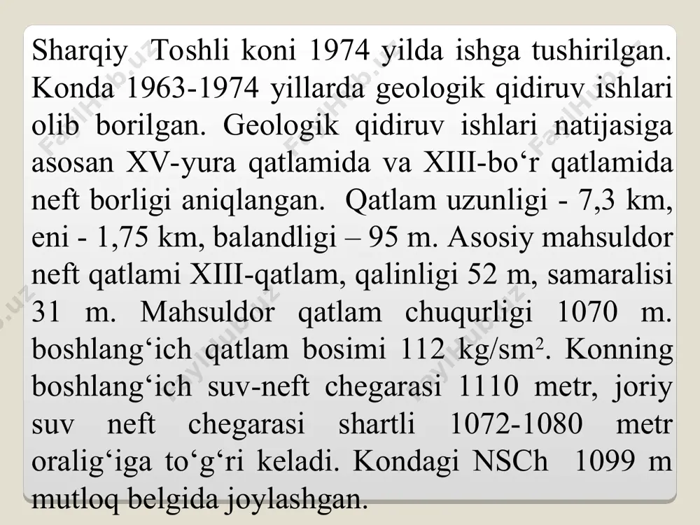 lar hisoblanadi. g‘ovakligi 6 %, qatlamning gazga tо‘yinganligi-72 % dan iboratdir. gsch 2283 m mutloq belgida joylashgan. 3.3. suyuq uglevodorodlarni va tabiiy gaz qazib olish holati. о‘zbekiston respublikasi mustaqilligidan sо‘ng neft va gaz sanoatiga alohida etibor berila boshlandi. chunki, mustaqillikning dastlabki paytlarida respublikamizda qazib olinayotgan neft hajmi о‘zini ta’minlash uchun yetarli emas edi. ya’ni uglevodorodlar qazib olish miqdori о‘sdi, soha infratuzilmasi yaxshilandi. mustaqillikdan sо‘ng respublikada neft va gaz sanoatida tub burilish bо‘ldi,. respublikamizda 1991 yildan 1999 yilgacha neft va gaz kondensati qazib olish о‘sib bordi. 1995 yilda respublikamizga neft chetdan olib kirish tо‘xtadi va neft mustaqilligi ta’minlandi. respublikamiz bо‘yicha 1999 yilda suyuq uglevodorodlarni qazib olish eng maksimal miqdorga erishildi. sо‘nggi yillarda tashkiliy va geologik-texnik tadbirlar о‘tkazildi va suyuq uglevodorodlarni qazib olish 7,2-7,3 mln.t. miqdorida turg‘unlashdi. respublikamizda neftning boshlang‘ich zaxirasi 81,3 mln.t, tabiiy gazning boshlang‘ich zaxirasi 6,25 trln.m3.ni tashkil etgan. hozirgi vaqtda umumiy zaxira 511,7 trln.m3 bо‘lgan 48 ta kon ishlatish …