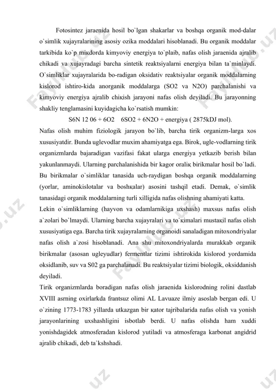 xshashligini isbotlab berdi. u nafas olishda ham xuddi yonishdagidek atmosferadan kislorod yutiladi va atmosferaga karbonat angidrid ajralib chikadi, deb ta`kshshadi. a.l lavuaze o`z kuzatishlariga asoslanib, nafas olish bu kislorod yordamida organik moddalarning juda ham sekinlik bilan yonishidir, degan xulosaga keldi. taxminan shu vaqtlarda (1777) sheele uruғlar bilan utkazgan taj-ribalari asosida unayotgan uruғ solingan yopiқ idishda kislorodning miqdori kamayib, so2 ningmiqdori ko`payganini anikladi. 1778-1780 yillarda ya.ingenxauz yashil o`simliklar қoronғida kis-lorodni yutib, karbonat angidrid chikaradi va bu jixatdan hayvonlarga o`xshaydi, o`simliklarning yashil bulmagan қismlari esa yoruғlikda ham kislorod yutishi mumkin, degan xulosaga keldi. o`simliklarning nafas olishini n.t.sossyur asoslab berdi. u 1797-1804 yillarda birinchi marta miqdoriy taxlillar utkazdi va қoronғida o`simliklar kancha o2 yutsa, shuncha so2 ajratib chiқishini isbotladi. ya`ni yutilgan kislorod bilan ajralib chiedan karbonat angidridning nisbati birga teng deb ko`rsatdi. bundan tashқari karbonat angidrid bilan bir katorda suv va energiya ham hosil bo`lishini isbotladi. ammo n.t.sossyurning bu mux,im fikrlari boshqa olimlar …