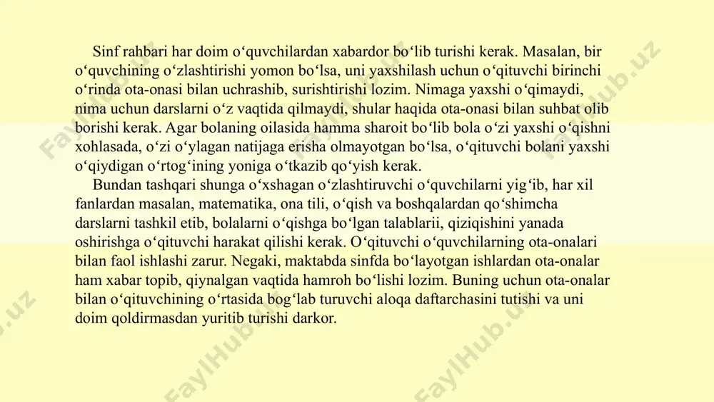 an yosh avlodga maqsadga muvofiq ta’sir koʻrsatishda sinf tarbiyaviy soatlari ish mazmunini aniqlash va rejalashtirish mavzularni fasllarga qarab, bayram, tarixiy sana hamda voqealar, tinchlik, doʻstlik , mehnat, oila, baxt, kasb tanlash, tabiatni sevish, vatanparvarlik, ajdodlarimiz merosi, insoniylik, axloqiylik singari tarbiyaviy muammolar asosida tasniflash katta muvaffaqiyatning garovi ekanligini koʻrsatmoqda. “inson va insoniy munosabatlar”. bunda jamiyatimizdagi insoniy munosabatlar, jonajon maktabi, oʻqituvchilari oʻz ota-onasi qarindosh-urugʻi, doʻstlari va boshqa kishilarga, jamoat mulkiga, ona vatan boyliklariga munosabat, yurish-turish madaniyati, muomalasi, rostgʻoʻylik, halollik, mehnatga ongli munosabatda boʻlish. “fan va turmush”. bunda moddiy olam haqidagi haqiqatni, qarashlarni shakllantirish, fan texnika yangiliklari, bilim manbayi boʻlgan kitobga munosabat, uni oʻqish qoidasi, turmush, madaniyat, bugungi kun turmush tarzi kabi masalalarga e’tibor berish. “goʻzallik olamida”. bunda goʻzallikning mohiyati, goʻzallikni his qilish, nafosat va etika tushunchalari, hayotda insonning kiyinishda, turmushda, mehnatda, axloqda, muomala va nutq madaniyatida, kuy va qoʻshiqlarda, she’riyatda, raqs va tasviriy san’atda, haykaltaroshlik va me’morchilikda, zamonaviy ishlab chiqarish kabi sohalarda …