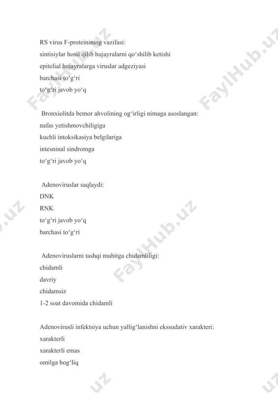 h darajasi oʻrida shifoxonaga yotqizishga koʻrsatma asoratlar borligi sefalgiya engil darajali anemiya faringit qiz bolalarda oʻridan keyin leykosituriya aniqlanganda olib boriladigan toʻgʻri taktika? valvovaginit yoʻqligi aniqlangach toʻliq tekshirish uchun kunduzgi stasionarga yuboriladi bu belgi jiddiy e'tiborni talab qilmaydi, chunki, siydik tashqi jinsiy a'zolar gigienasi oʻtkazilmasdan olingan furadonin tavsiya etiladi bu belgi jiddiy e'tiborni talab qilmaydi, siydik sindromi infeksiya ta'siriga buyrak reaksiyasi deb baholanmasligi kerak bolalarda istmani tushirishda qoʻllanilmaydi nimesulid parasetamol ibuprofen kombinirlangan preparatlar parasetamol + ibuprofen yangi tugʻilgan chaqaloqlarda oʻrining eng keng tarqalgan klinik shakli bronxiolit laringit traxeit bronxit yangi tugʻilgan chaqaloqlarda oʻrida spetsifik himoya omili interferon hosil boʻlishi fagositoz ig m-antitela ig g-antitela oʻri fonida yangi tugʻilgan chaqaloqlarda rivojlanishi mumkin boʻlgan sindrom obstruktiv virusli diareya abdominal neyrotoksikoz katta yoshdagi bolalar bilan solishtirilganda yangi tugʻilgan chaqaloqlarda oʻri fonida kam rivojlanuvchi sindrom krup limfadenopatiyalar obstruktiv abdominal yangi tugʻilgan chaqaloqlarda oʻri koʻp uchrashiga sabab t-hujayra immuniteti toʻliq rivojlanmaganligi fagositoz kamligi sekretor ig …