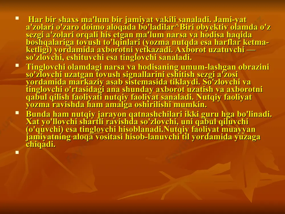 hlarigagina xosdir. shunday qilib, nutq tovushlarining uch tomoni mavjud: a) akustik; b) talaffuz (fiziologiya); d) vazifaviy tomonlari. har qaysi nutq tovushini tavsif qilishda ana shu uch tomon e'tiborga olinadi. masalan, k tovushi til o'rtasining yuqori tanglayga tegishi va o'pkadan chiqiyotgan havoning bu to'siqdan portlab chiqishi natijasida hosil bo'ladi. bu to-vushning nutq a'zolarining qayerida va qanday yo'l bilan hosil bo'lishi talaffuz (fiziologik) tomoni sanaladi. uning sof shovqindan iborat ekanligi, jarangsizligi akustik belgisi, k ning g dan va boshqa tovushlardan farqlanishi esa va­zifaviy belgisi hisoblanadi. tilshunoslik fani uchun vazifaviy tomoni muhim sanaladi. shuning uchun vazifaviy belgi lingvistik (tilshunoslik) belgi deb ham yuritiladi. tovushlarning farqlovchi va birlashtiruvchi belgilari nutq tovushlari bir qancha akustik va artikulatsion (talaf­fuz) belgilariga ega bo'ladi. bu belgilarning barchasi fone­tika uchun muhim sanaladi, chunki bu belgilarni to'la hisob­ga olgandagina u yoki bu tovushning xususiyatiga to'g'ri javob berilgan bo'ladi. lekin fonologiya uchun yuqoridagi belgilarning ko'pchiligi muhim sanalmaydi. fonologiya uchun faqat bir …