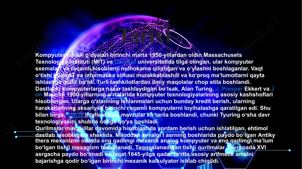 yihasi tomonidan boshqariladigan tizim va odatda at tizimini ishga tushirish va joriy etishni nazarda tutadi. garchi odamlar eng qadimgi yozuv tizimlari yaratilganidan beri maʼlumotlarni saqlash, olish, manipulyatsiya qilish va muloqot qilish bilan shugʻullangan boʻlsalar-da, zamonaviy maʼnoda axborot texnologiyasi atamasi birinchi marta 1958-yilda garvard business review jurnalida chop etilgan maqolada paydo boʻlgan; mualliflar garold j. leavitt va tomas l. uisler “yangi texnologiyaning hali bitta aniq nomi yoʻq biz uni axborot texnologiyalari (at) deb ataymiz”, deb sharhladilar. ularning taʼrifi uchta toifadan iborat: ishlov berish texnikasi, qaror qabul qilishda statistik va matematik usullarni qoʻllash va kompyuter dasturlari orqali yuqori darajadagi fikrlashni simulyatsiya qilish. amaldagi saqlash va qayta ishlash texnologiyalariga asoslanib, at rivojlanishining toʻrtta fazasini ajratish mumkin: mexanikgacha (miloddan avvalgi 3000-yildan miloddan avvalgi 1450-yilgacha), mexanik (milodiy 1450-yildan milodiy 1840-yilgacha), elektromexanik (milodiy 1840-yildan milodiy 1940-yilgacha) va elektron (1940-yildan hozirgi kungacha). axborot texnologiyalari, shuningdek, informatikaning bir tarmogʻi boʻlib, uni protsedura, tuzilma va har xil turdagi maʼlumotlarni …
