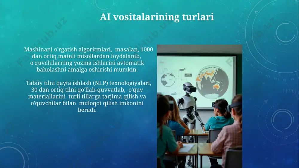 limlarini baholash va ularning o'qishdagi zaif tomonlarini aniqlash tezligi 3 marta oshadi, bu esa o'z vaqtida tuzatishlar kiritishga imkon beradi. ai yordamida shaxsiylashtirilgan ta'lim ai algoritmlari yordamida o'quvchilarning 50% gacha o'rganish uslublarini aniqlab, ularga moslashtirilgan o'quv strategiyalarini qo'llash orqali o'zlashtirish samaradorligini oshirish mumkin. shaxsiylashtirilgan ta'lim platformalari, o'quvchilarning 90% gacha bilim darajalarini kuzatib borib, real vaqtda o'qituvchilarga individual yordam ko'rsatish bo'yicha tavsiyalar beradi. onlayn ta'limda ai roli ai yordamida yaratilgan virtual o'qituvchilar 24/7 mavjud bo'lib, talabalarga onlayn darslar va qo'shimcha materiallar bilan ta'minlaydi, shu bilan birga o'qituvchilarning yukini kamaytiradi. mashinani o'rgatish algoritmlari talabalarni baholash jarayonini avtomatlashtirib, 1000 dan ortiq savollarni tezkor va aniq tekshirib, o'qituvchilarga ko'proq vaqtni pedagogik faoliyatga bag'ishlash imkoniyatini beradi. avtomatlashtirilgan baholash tizimlari avtomatlashtirilgan baholash tizimlari, masalan, testlarni 80% gacha avtomatik tekshirish imkoniyatini beradi, bu o'qituvchilarning vaqtini sezilarli darajada tejaydi va ularga individual ishlarga ko'proq e'tibor qaratishga yordam beradi. o'quvchilarning yutuqlari bo'yicha 1000 dan ortiq ma'lumotlar nuqtasini tahlil qilish …