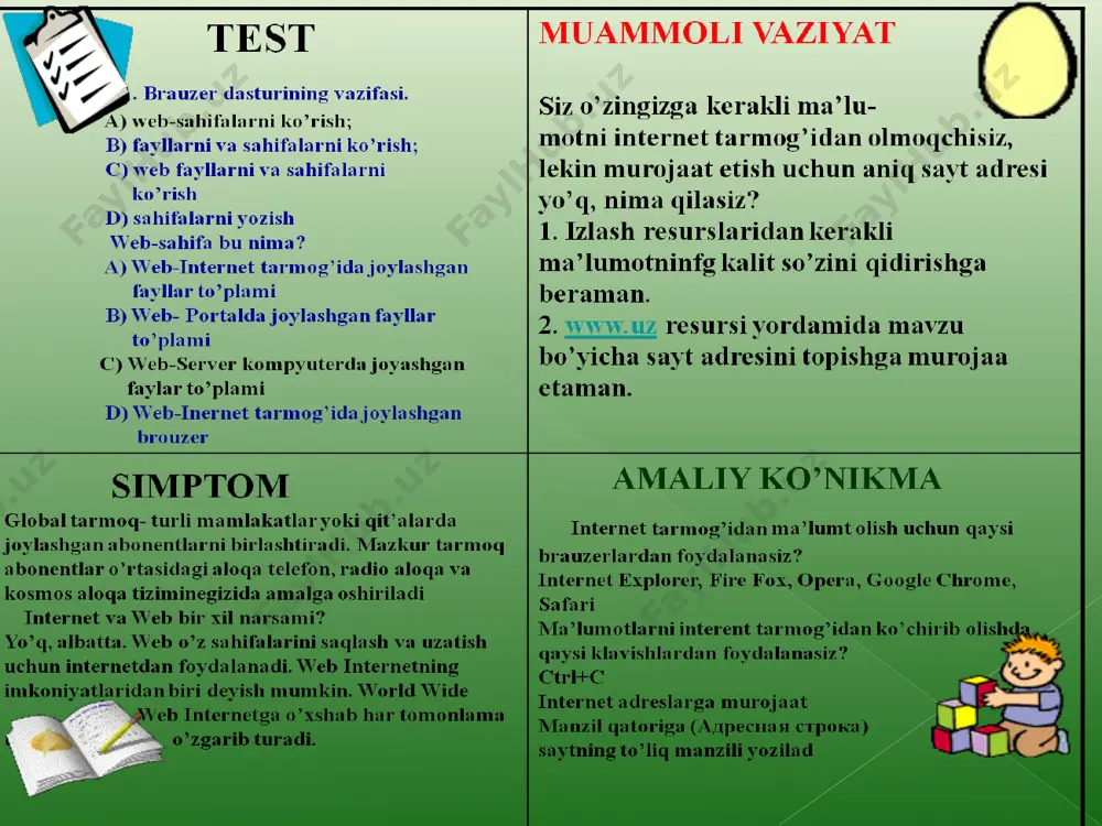da telefonning asosiy vazifalaridan tashqari kommunikator va internet planshetlarning asosiy funktsiyalarini ham qamrab olgan. internet planshetlar – bu maxsus mobil qurilma bo‘lib, shaxsiy kompyuterning klassik namunasidir. planshetlar (masalan ipad) tashqi ko‘rinish jihatidan kompyuterdan butunlay farq qiladi. planshetlar faqatgina ekrandan tashkil topgan bo‘lib, boshqa qo‘shimcha qurilmalar (sichqoncha, klaviatura) virtual ko‘rinishda tashkil etilgan. planshetlar to‘liqligicha mobil aloqa muhiti orqali internet xizmatlaridan foydalanishga va hujjatlar bilan ishlashga ixtisoslashgan. bluetooth – kichik qamrovdoirasiga ega bo‘lgan simsiz aloqa texnologiyasi. tarmoq qurilmalari orasidagi o‘zaro muloqotni va ularning internetga ulanishini yengillashtiradi. u, shuningdek, turli elektron qurilmalari va kompyuterlar orasida mahlumotlar almashishni osonlashtiradi. bluetooth kichik mahlumot oqimlarini uzatish uchun mo‘ljallangan, shuning uchun mahalliy va global tarmoq texnologiyalarining o‘rnini bosa olmaydi. sms (short message service) – qisqa xabarlar xizmati. mobil aloqa tarmoqlarida abonentlarning bir-birlariga qisqa matn xabarlarini uzatish va qabul qilish xizmati hisoblanadi. qisqa xabarlar deyilishiga asosiy sabab texnologik jihatdan bir xabar uzatishda 140 ta belgini uzatish mumkin. mms …