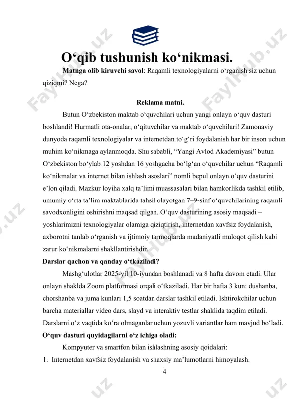 axsus dastur ishlab chiqqan kompaniya mark zuckerberg 3 “sun’iy intelekt insoniyat svilizatsiyasi uchun asosiy havf” met tronis 4 “yangi texnologiyalar har doim ham yaxshilik yoki yomonlik qilish uchun yaratilishi mumkin” deep blue 3-qadam. tasavvuriy topshiriq siz maktabda yangi sun’iy intellekt qurilmasini joriy qilmoqchisiz. quidagi savollarga yozma javob yozib yozing. 1. qurilma qanday nomlanadi? 2. qanday vazifani bajaradi? 3. o‘quvchilarga qanday yordam beradi? 4. uni ishlatishning xavfsiz yo‘li qanday? 5. nega bu g‘oya foydali, deb o‘ylaysiz? izoh: ushbu topshiriqlar o‘quvchilarning eshitgan matnni to‘g‘ri tushunish, muhim ma’lumotlarni ajratish va eshitilgan fikrga o‘z munosabatini bildirish ko‘nikmalarini rivojlantiradi. bu topshiriqlar:diqqatni jamlashga yordam beradi,eshitilgan axborotni tezda tahlil qilishga o‘rgatadi, o‘z fikrini og‘zaki va yozma shaklda ifoda qilishni kuchaytiradi, ijodiy va tanqidiy fikrlashni rivojlantiradi,o‘rganilgan bilimlarni kundalik hayot bilan bog‘lash imkonini beradi. tinglab tushunish orqali o‘quvchi nafaqat tinglaydi, balki eshitganini tushunadi, tahlil qiladi va undan foydali xulosa chiqaradi. rasmiy hujjatlar bilan ishlash. bayonnoma — bu yig‘ilish, majlis, …