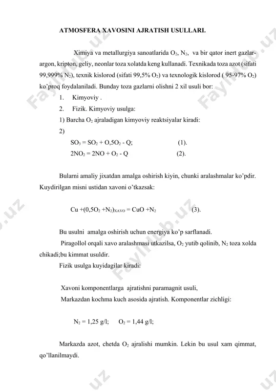 vam suyultirish jaraenidir. lekin rektifikatsiyani amalga oshirish uchun esa xavoni avvalom bor sovutib, suyuklikka utkazish kerak. sovuqlikni xosil qilish nazariy asoslari. atmosfera xavosi olti atmosfera bosimda minus 173 -176os atrofida suyuklikka utadi. buning uchun juda kup mikdorda sovuqlik ishlab chikarish kerakdir. sovuqlik uch xilga bulinadi: 1. urtacha sovuqlik minus 45os gacha; 2. mutadil sovuqlik minus 100os gacha; 3. chukur sovuqlik minus 100os dan minus 273,16os gacha. texnikada 120 gradus kelvin(-153os ) dan past xaroratni kriogen texnikasi deyiladi.umuman past xarorat olishni ikki usuli bor: 1)kimyoviy; 2)fizik; kimyoviy usulga barcha endotermik reaktsiyalar misol bulishi mumkin. ammo bu usulda urtacha xaroratgacha, ya’ni minus 45os gacha sovuqlik olish mumkin. shuning uchun fizik usul ishlatiladi. bunga misol bulib suyultirilgan moddalarni buglatish jarayonini kursatish mumkin. masalan suyuk ammiakni buglanishi - minus 45os gacha sovuqlik beradi. ammo bu usul bilan chukur sovuqlik olib bulmaydi. fizik usullardan biri yukori bosimda sikilgan gazlarni drossellash, ya’ni kengayish xisobiga olish mumkin. …