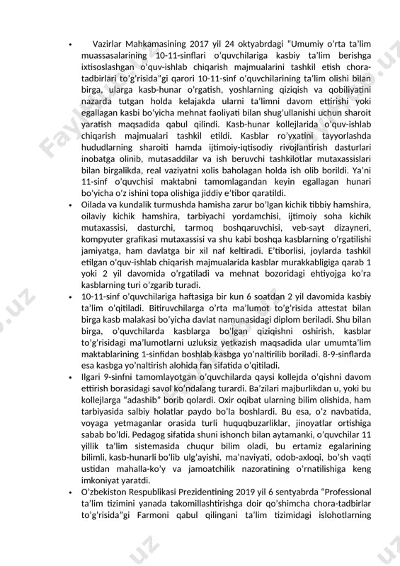 iqni saqlash, madaniyat va sport, ilm-fan, ayniqsa, ta’lim-tarbiya sohalarida bo’layotgan ulkan o’zgarishlarning barchamiz guvohi bo’lib turibmiz. · shu o’rinda prezidentimiz tashabbusi bilan mamlakatimizda umumta’lim maktablarida 11 yillik tizim tiklanganini, maktab ta’limini rivojlantirish masalasi buyuk umummilliy maqsadga, umumxalq harakatiga aylanayotganini alohida ta’kidlash joiz. ayniqsa, bugungi kunda mamlakatimizda oliy ta’lim sohasi ham jadal rivojlanmoqda. so’nggi uch yilda 35ta yangi oliy o’quv yurti tashkil qilingani, ularning umumiy soni 112 taga yetgani, e’tiborlisi, bularning 13 tasi nufuzli xorijiy universitetlarning filiallari ekani sohada amalga oshirilayotgan islohotlarning yorqin isbotidir. · yangi o’quv yilining ilk – “mustaqillik” darslarida istiqlol yillarida, ayniqsa, keyingi uch yilda amalga oshirilgan islohotlar, harakatlar strategiyasida belgilangan “milliy tiklanishdan – milliy yuksalish sari” degan ustuvor g’oya, prezidentimiz nutqi mazmun-mohiyati xususida o’quvchi-yoshlarga keng tushunchalar berildi. · o’zbekiston respublikasi prezidentining 2018 yil 25 yanvardagi “umumiy o’rta, o’rta maxsus va kasb-hunar ta’limi tizimini tubdan takomillashtirish chora-tadbirlari to’g’risida”gi farmoniga muvofiq 2018/2019 o’quv yilidan boshlab majburiy umumiy o’rta ta’lim …