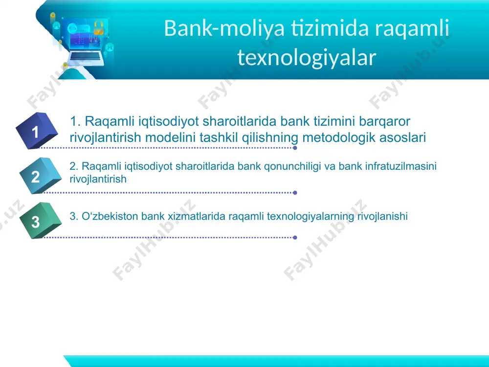 atbardoshlik darajasini oshirish. mamlakatimizda moliyaviy texnologiyalarni rivojlantirishning asosiy maqsadlari: bank sohasidagi raqamli texnologiyalarning texnologik jihatlari quyidagi komponentlardan iborat: bulutli texnologiyalar va yirik ma’lumotlar. bulutli texnologiyalar uskunalarga maxsus dasturlar urnatmasdan ma’lumotlardan dunyoning turli nuqtalarida foydalanish imkonini beradi. yirik ma’lumotlar esa mijozlarga turli ma’lumotlarning tahlili asosida shaxsiy xizmatlar taklif etilishi imkonini beradi. dasturiy ta’minot interfeysi api (application programming interface) ushbu dasturiy ta’minot ilovalari mijozlarga ayrim turdagi bank va moliya operatsiyalarini amalga oshirishni soddalashtirish, uning muddatini qisqartirish imkonini beradi. raqamli iqtisodiyotda moliyaviy texnologiyalar turli ilovalardan foydalanish imkonini beruvchi ijtimoiy media va mobil aloqa tizimi. moliyaviy muassasasining. moliyaviy muassasalari biznesining ijtimoiy tarmoq bilan integratsiyalashuvi ist’emolchilarning moliyaviy xizmatlarga bo‘lgan talabini o‘rganish imkonini berib yangi xizmatlar joriy etish uchun shart-sharoit yaratadi. raqamli iqtisodiyotda moliyaviy texnologiyalar masofadan xizmat ko‘rsatish tizimi mijozlarga taqdim etilayotgan xizmatlarning xarakteriga ko‘ra ikki turga bo‘lish mumkin: informatsion (axborot); tranzaksion (pul o’tkazmalari). informatsion banking mijozlarga moliyaviy ma’lumotlarni taqdim etishga yo‘naltirilgan bo‘lsa, tranzaksion banking moliyaviy …