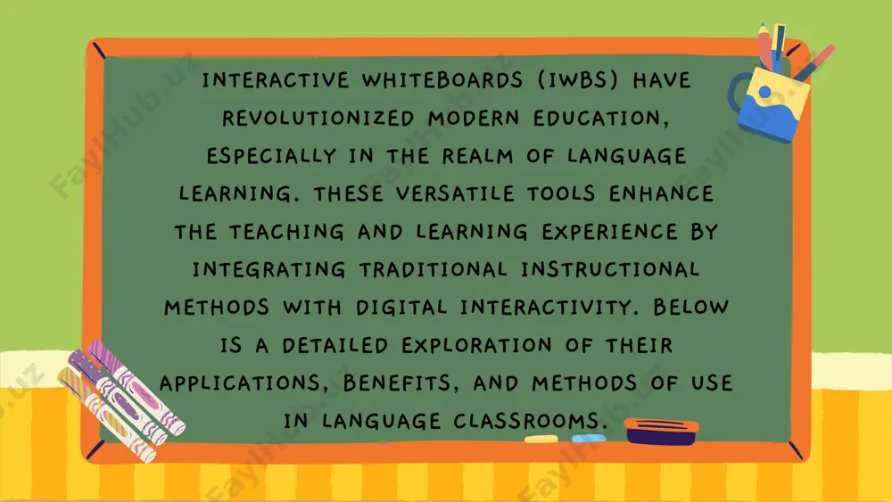 ications of iwbs in language learning 1. vocabulary building teachers can use flashcards, animations, and images to introduce new vocabulary. interactive games, such as matching words with images or fill-in-the-blank exercises, make vocabulary learning fun and effective. 2. grammar practice interactive exercises, like sentence reordering and grammar quizzes, help students understand complex grammar structures. visual tools such as charts and diagrams can simplify explanations. 3. listening and speaking skills audio-visual materials (e.g., videos, podcasts) can be played directly on the board to improve listening comprehension. pronunciation software and speaking drills can be integrated into lessons to enhance speaking skills. 3. listening and speaking skills audio-visual materials (e.g., videos, podcasts) can be played directly on the board to improve listening comprehension. pronunciation software and speaking drills can be integrated into lessons to enhance speaking skills. 4. writing and reading practice teachers can display reading passages and annotate them to highlight key …