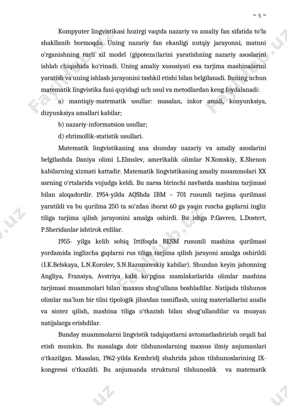 hi” mavzuidagi ma’ruzasi bilan boshlab berdi. shuningdek, bu anjumanda “turkiy tillar mashina fondining dolzarb masalalari”, “injenerlik tilshunosligi va lug‘atshunoslik”, “nutq sistemasi va uning unsurlarini kompyuter yordamida andozalash” singari o‘ttizdan qiziqarli ma’ruzalar tinglandi hamda muhokama qilindi. bu anjuman materiallari alohida to‘plam shaklida nashr etilgan. xx asrning 80-yillaridan boshlab til o‘qitishni avtomatlashtirish va unga kompyuterni joriy etish muammolariga qiziqish kuchaydi. 1988-yilda r.g.piotrovskiyning “chet tilini o‘qitishda kompyuterlashtirish masalalari” nomli asari nashr etilgan edi1. bu asar “kirish” va “xulosa”dan tashqari besh bobni o‘z ichiga oladi. asar boblarining nomlanishi quyidagicha: 1. tabiiy til va uning didaktik modeli, 1. inson miyasi va kompyuter “miyasi”, 3. kompyuter yordamida lingvodidaktik masalalarni yechishning tamoyillari, 4. nutqiy va til materialini tanlash hamda tillarni o‘qitishni optimizatsiyalash, 5. til o‘rgatuvchi lingvistik avtomat va tillarni o‘qitishni optimizatsiyalash. tilshunoslikda ehmning qo‘llanilishi avtomatik tarjima muammolari bilan shug‘ullanish, mashina yordamida matn tuzish, uni qisqartirish, sintezlash jarayonini amalga oshirish uchun keng imkoniyatlar yaratdi. natijada mashina til materiallarini …