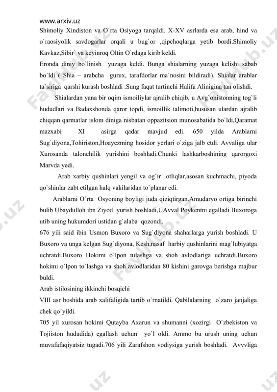 gadi.706 yili zarafshon vodiysiga yurish boshladi. avvvliga marvdan marvaridga,sung omul ,karkiga va amudaryo orqali poykentga yo`naldi. poykentliklar sug`diyona va boshqa bir nechta joylarga yordam surab mo`rojat qildilar.m`lum darajada harbiy yordam kuchlari yetib kelgunga qadar ular vaqtdan yutsh uchun sulh tuzishni suradi .qutayda bunga rozi bo`ldi va ulpon undirib poykentda o`z vakilini qoldirdi.sung amudaryo tomon ketdi. ammo lashkarboshlar qarorgohi tor-mor etilganligi haqida habar keldi.u ortga qaytib bir oyliq qamoqdan so`ng shaharni egalladi.arablar mahalliy aholining boyligidan hayratda qoldi .ular juda kata uljaga oltin idishlar va boshqa buyumlarga yega buldi .eritilgan tillaning o`zi 150 ming misqolga teng kelgan. bundan tashqari, ular katta miqdorda nodir buyumlar va qurol- yaroqlarni olib ketishdi. qurollar jangchilarga ulashildi. ular bu qurol-yaroqlarning sifatli va chiroyli yasalganiga tan berishdi. 707 yili qutayba yana buxoroga yo`l oldi va qadimiy shahar romitonni egalladi. biroq turkiylar qarshiligiga duch kelib romitondan nariga o`ta olmadi. 708 yili al-xarroj qutaybaga maktub yo`llab buxoroga qaytishni va uni …