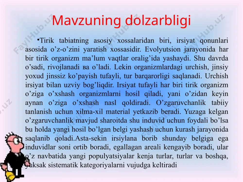 t emizuvchilarda qamchisimon, yumaloq chuvalchanglarda, qisqichbaqasimonlarda va boshqa hayvonlarda pufaksimon bo’ladi. ba’zi hayvonlarda spermatozoid yam boshqa shakllarda ham bo’lishi mumkin . speimatozoid barcha hujayralar kabi membrana, sitoplazma, yadro va boshqa hujayra organoidlaridan iborat. uning shakli turlicha bo’lsa ham, barcha hayvonlarda bir xil tuzilgan boiib, bosh, bo’yin, o’rta va dum qismlardan iborat . bosh qismi spermatozoidning oldingi qismi bo’lib, boshqa qismlardan yo’g’on bo’ladi. bu qism yadro va uni o’rab turgan sitoplazmadan iborat. odam spermatozoidining tuzilishi (b.karlson, 1983 bo’yicha). l-tikkasiga kesmasi; sariqlik moddasining miqdori va uning sitoplazmada tarqalishiga qarab, tuxum hujayrani guruhlarga ajratish mumkin. sariqlik moddasining miqdoriga qarab tuxum hujayra quyidagi guruhlarga bo’linadi: 1. alesital - sariqligi bo’lmagan tuxumlar (a - yo’q, lccithos - sariqlik). 2. oligolesital - sariqligi kam bo’lgan tuxumlar (oligos - kam). 3. mezolesital - sariqligi o’rtacha bo’lgan tuxumlar (mesos -o’rtacha). 4. polilesital - sariqligi ko’p bo’lgan tuxumlar (poly - ko’p). tuxumning katta-kichikligi, ana shu sariqlik moddasining miqdoriga bog’liq. …