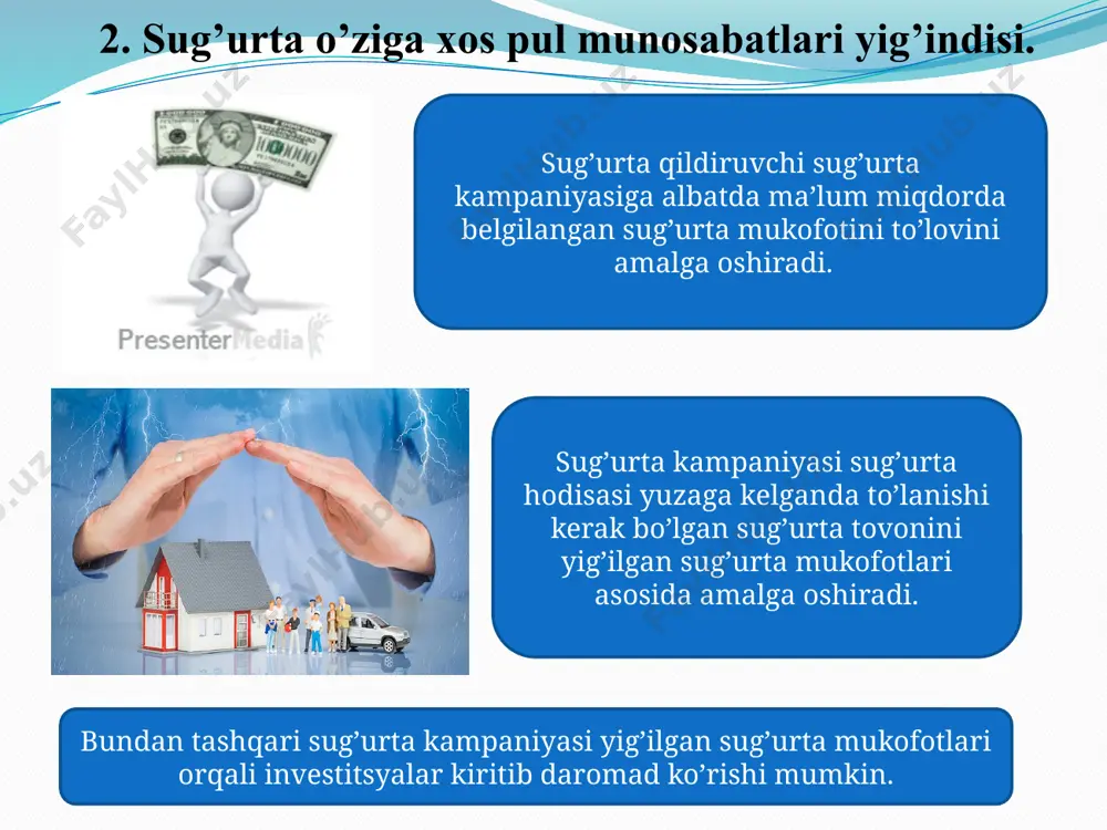 sining mutaxassislari tomonidan ekspertiza qilinishi mumkin. sug‘urta shartnomasi - ikki yoki undan ortiq tomonlar o‘rtasida tuziladigan yozma ravishdagi bitim bo‘lib, bunda sug‘urta kompaniyasi sug‘urta hodisasi tufayli zarar ko‘rilganda sug‘urtalanuvchiga sug‘urta qoplamasi yoki sug‘urta summasini to‘lash majburiyatini, sug‘urtalanuvchi esa belgilangan muddatlarda sug‘urta mukofotini to‘lash majburiyatini oladi. sug‘urta shartnomasi tuzilganlik faktini tasdiqlash uchun sug‘urtalovchi sug‘urtalanuvchiga sug‘urta polisi beradi. sug‘urta shartnomasini tuzishdagi asosiy, oddiy va qo‘shimcha shartlar sug‘urta shartnomasining mazmunini tashkil etadi. 4. sug’urtaning funksiyalari. sug‘urtaning iqtisodiy tabiati uning funksiyalarida o‘z aksini topadi. moliya, kredit kabi iqtisodiy kategoriyalar bilan bir qatorda sug‘urta ham bir qator funksiyalarni bajaradi. sug‘urta beshta funksiyani bajarishi ko‘rsatib o‘tilgan. bu funksiyalar quyidagilardan iborat: - xavf-xatar; -ogohlantirish; -investitsiya; -omonat; -axborot sug‘urtaning 5 ta funksiyaga ega ekanligini qayd etadi. fikrimizcha, bu funksiyalarning ba’zilari tegishli bahs-munozarani talab etadi. хususan, sug‘urtaning investitsiya funksiyasi. investitsiya – sug‘urta tashkilotlari uchun funksiya emas, balki asosiy sug‘urta faoliyatiga qo‘shimcha ravishda amalga oshiriladigan faoliyatdir. investitsiyasiz ham sug‘urta tashkilotlari …