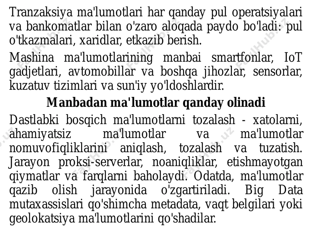 che spark kutubxonalar to'plami operativ xotirada hisob-kitoblarni amalga oshiradi, bu ko'plab muammolarni hal qilishni sezilarli darajada tezlashtiradi va mashinani o'rganish uchun mos keladi. • nosql - aloqador bo'lmagan ma'lumotlar bazasi turi. ma'lumotlarni saqlash va qidirish jadval munosabatlaridan tashqari boshqa vositalar bilan modellashtirilgan. axborotni saqlash uchun oldindan belgilangan ma'lumotlar sxemasi talab qilinmaydi. ushbu yondashuvning asosiy afzalligi shundaki, har qanday ma'lumotlarni tezda joylashtirish va saqlashdan olish mumkin. bu atama "nafaqat sql" degan ma'noni anglatadi.