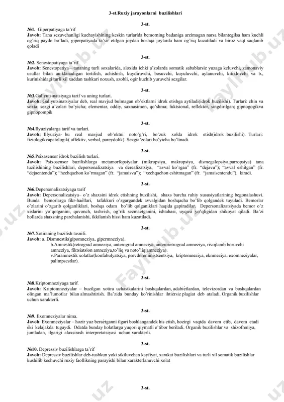 v faoliyat egallaydi. 2-st. №9. diqqat nima? javob: diqqat -- ruxiy faoliyatning ma’lum yunalganligi, inson ongining narsa va xodisalarni tanlab idrok etishi. 2-st. №10. intellekt nima. javob: intellekt--bu egallangan bilimlar, tajribalar va ularni keyinchalik xam oshirib borish va akliy faoliyat davomida kullash imkoniyatlarining majmuasidir. 2-st. №11. z. freyd odam shaxsivaruhiyatiningqandaymodeliniyaratdi. javob: ungaasosan, bir-birigauzviybog’liqbo’lgan 3 ta psixologiktuzilmamavjud. bularid, egovasuper-ego. «id» — buinstinktlar. u ongdanxolis. «ego» — bu men. uningongi bor. «super-ego», ya’nisuper-men — buodamnio’rabturganmuhit, jamiyat. u odamningxulq-atvorini «tepadan» nazoratqilibturadi. butushunchalarningharbirigata’rifberibchiqamiz. 2-st. №12.stressning rivojlanish boskichlari va ularga ta’rif. javob:xavotir boskichi, karshilik kursatish boskichi, xolsizlik ( toliqish )boskichi 2-st. №13. xavotirga tarif. javob: xavotir – kupincha xech kanday sababsiz kuchli xayajonlanish, bezovtalik xissi, uzining, yakinlarining xotirjamligi uchun motivlashmagan bezovtalik. 2-st. №14. abstraktsiya nima. javob: abstraktsiya-real xayotdan uzoq, atrof muxit, predmentlar va voqealar bilan bog’liq bo’lmagan, mavxum g’oyalardir 2-st. №15. temperamentga ta’rif. javob: temperament odamning tevarak-atrofdagi voqealarga munosabati va hissiyotining ayrim xususiyatlarini belgilab beradi. …
