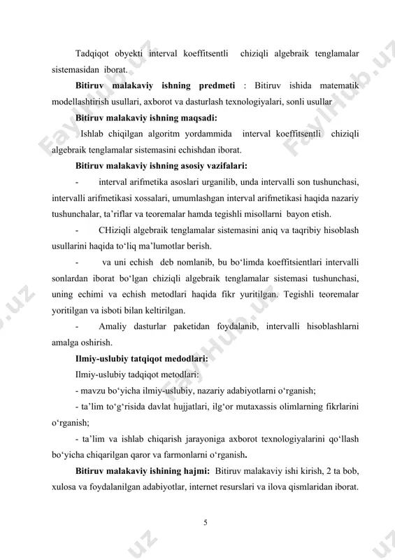 sohalardan biri bo‘lib qolmoqda. bu sohani o‘zbekistonda rivojlanishiga akademiklar qobulov v.q, bondarenko b.a, bo‘riyev t.b , jo‘rayev t.d , abutaliyev f.b, bekmurodov t.f , kamilov a, shirinqulov, hamda professorlar nabiyev o.m, fozilov sh.x, nishonov, mo‘minov n.a, nazirov sh.a , sa’dullayev va boshqalar katta hissa qo‘shmoqda. matematik modellashtirishda asosan oddiy va xususiy hosilali differensial tenglamalar mo‘him o‘rin tutadi. chegaraviy masalalarni yechishda masala chiziqli algebraik tenglamalarni va tenlgamalar sistemasini yechishga olib kelinadi. shu sababli chiziqli algebraik tenglamalar sistemasini aniq yechimini topishning turli usullari ishlab chiqilgan. bu usullar asosan ikki xil bo‘lib, ular to‘g‘ri va iteratsion usullar deb nomlanadi. to‘g‘ri usullarga misol sifatida gauss, kramer va matritsa usullarini aytib o‘tish mumkin. bu usullar tenglamal sistemasining koffitsiyentlari haqiqiy sonlardan iborat bo‘lganda yechimni mavjudligi va yagonaligi haqida hamda aniq yechimni topishda muhim ahamiyatga ega. ammo, bu usullarning kamchiligi shundan iboratki, tenglamalar sistemasining koeffitsiyentlari taqribiy olinganda aniq yechimni to‘g‘ri baholay olmaydi, ya’ni arifmetik amallar jarayonida topilgan …