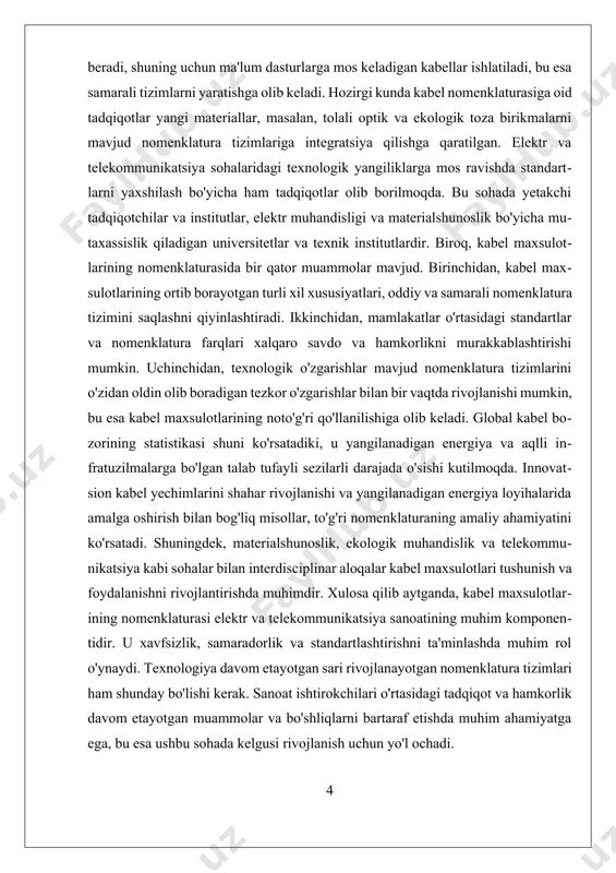 nomenklatura tizimini joriy etishga imkon berdi. 1991-yilda o'zbekiston mustaqil bo'lganidan so'ng, mamlakatda kabel-sim nomenklaturasini yangilash va modernizatsiya qilish zarurati vujudga keldi. mustaqillik davrida, o'zbekiston o'zining iqtisodiy va ijtimoiy sohalarida o'zgarishlarga duch keldi, bu esa kabel-sim nomenklaturasini yangilash va xalqaro standartlarga moslashtirish zaruriyatini keltirib chiqardi. o'zbekiston hukumati tomonidan qabul qilingan iqtisodiy islohotlar va investitsiyalar, yangi texnologiyalarni joriy etishga yordam berdi, bu esa yangi kabel mahsulotlarining nomenklaturasini shakllantirishga olib keldi. yana bir muhim omil, xalqaro savdo va hamkorlikdir. o'zbekistonning xalqaro bozorlar bilan integratsiyasi, mamlakatda ishlab chiqarilayotgan kabel-sim mahsulotlarining nomenklaturasini global standartlarga moslashtirishni talab qildi. xalqaro standartlar, masalan, iec (xalqaro elektrotekhnika komissiyasi) va boshqa tashkilotlar tomonidan belgilangan qoidalar, o'zbekistonda kabel-sim nomenklaturasining takomillashtirilishiga yordam berdi. shuningdek, mintaqaviy va xalqaro hamkorlik, o'zaro tajriba almashinuvi va zamonaviy texnologiyalarni o'zlashtirish jarayonlarida muhim ahamiyatga ega bo'ldi. kabel-sim nomenklaturasining tarixi, shuningdek, yangi materiallar va texnologiyalarni joriy etish bilan ham bog'liqdir. o'zbekistonda telekommunikatsiya sohasining o'sishi, fiber-optik kabellar va boshqa innovatsion …