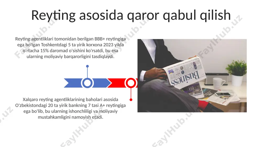 toshkentdagi 500 ta yirik korxona uchun kredit reytingi agentliklari tomonidan berilgan baholarga asoslanib, ularning moliyaviy barqarorligini baholashda muhim ahamiyatga ega. moliyaviy ahvol reytingining ahamiyati tavsiyalar va xulosalar андижондаги 10 та корхонанинг кредит рейтингини таҳлил қилиш натижасида, 6 тасида юқори, 2 тасида ўртача, 2 тасида эса паст кредит рейтинги аниқланди. тошкент шаҳридаги 5 та йирик корхонанинг молиявий ҳолатига баҳо бериш натижалари 70% ижобий, 30% эса ўртача деб баҳоланди. xavflarni baholash va boshqarish qashqadaryo viloyatida joylashgan 10 ta yirik korxonaning moliyaviy hisobotlarini tahlil qilish natijalarida aktivlarning 15% lik suyuqlik darajasi yetarli emasligi aniqlandi. 2022-yilda toshkent shahrida o'tkazilgan tadqiqotlar shuni ko'rsatdiki, korxonalarning 30% moliyaviy xavflarni baholash va boshqarish tizimlariga ega emas. korxona moliyaviy ahvoli reytingini baholashga kirish samarqand viloyatida joylashgan korxonaning moliyaviy ahvoli reytingini aniqlashda kamida 3 yillik moliyaviy hisobotlar va 10 ta asosiy moliyaviy ko'rsatkich tahlil qilinadi. reyting agentliklari tomonidan berilgan baholarning 30%i aktivlarning sifati, 20%i rentabellik va 50%i likvidlik ko'rsatkichlariga asoslanadi. …