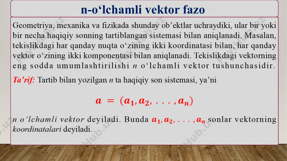 v element mavjud bo‘lsin. bu elementni x elementga qarama-qarshi element deymiz. bundan tashqari , har qanday aϵk son va xϵv element aniqlanib , quyidagi aksiomalar bajarilsin: 5. a(bx)=(ab)x; 6. 1*x=x; 7. (a+b)x=ax+bx; 8. a(x+y)=ax+ay. agar v dagi bu 2 la amal uchun 1-8 shartlar bajarilsa , v to’plam k maydon ustida vektor fazo deyiladi. shuni aytib o’tish kerakki , har bir kompleks vektor fazoni haqiqiy vektor fazo sifatida ham qarash mumkin(chunki , r⸦c bo’lgani uchun ixtiyoriy x ning haqiqiy songa ko’paytmasi ham aniqlangan). misollar. 1. c kompleks sonlar to’plamida qo’shish va haqiqiy songa ko’paytirish amalarini qarasak , bu to’plam haqiqiy vektor fazo bo’ladi. k=c z , u , v ϵ l a , b ϵ c 1. z+u=u+z z+v=v+z u+v=v+u 2. z+(u+v)=(z+u)+v 3. z+=z 4.z+(-z)= 5. a(bz)=(ab)z 6. 1*z=z 7. (a+b)z=az+bz 8. a(z+u)=az+au 2. n o‘lchamli vektor fazolar (haqiqiy yoki kompleks),vektor fazo bo‘ladi. xususan, darajasi n-1 dan katta bo‘lmagan bir …