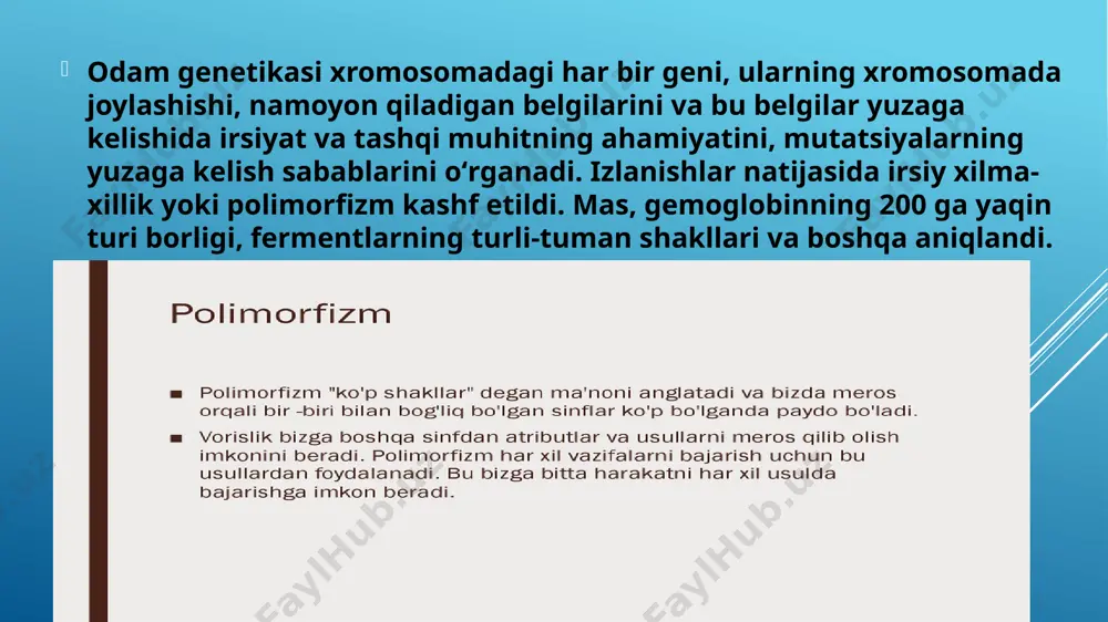 'liq bo'ladi. har xil tuxumdan rivojlangan egizaklarda egizakmas aka-uka yoki opa-singillardek bir-biriga o'xshash bir xil yoki har xil jinsli bo'ladi. sitogenetik usul sitogenetika - genetikaning bir sohasi; irsiyat va oʻzgaruvchanlik qonuniyatlarini hujayra va subhujayra (asosan xromosoma) darajasida oʻrganadi. genetik qarindoshlikning koʻrsatgichi hisoblangan xromosomalar konyugatsiyasining oʻrganilishi natijasida yapon sitogenetigi x. kixara sitogenetik metodlardan biri boʻlgan genom analiz metodini ishlab chiqdi (1924). xromosomalar tarkibi va holatini tahlil qilish natijasida mitoz va meyoz jarayonida xromosomalar toʻplamida chuqur oʻzgarishlar roʻy berishi aniqlangan. sitogenetik usulda elektron mikroskopiya, rentgenostruktura tahlili va boshqa zamonaviy metodlarning qoʻllanishi xromosomalarning nozik tuzilishi toʻgʻrisidagi tasavvurlarni kengaytirdi; xromosoma moddasi (xromatin)ni tadqiq qilishga, replikatsiya, transkripsiya va translyatsiya jarayonlarida xromosomalar funksiyasini aniqlashga imkon berdi. sitogenetik usulda kariotiplar evolyutsiyasi, yaʼni tur hosil boʻlishini tushunib olishda, qishloq xoʻjaligi va tibbiyotda organizmda kechadigan jarayonlarni asoslab berishda ahamiyatga ega. sitogenetik usullar odam xromosomalari soni, ularning tuzilishini oʻrganish imkonini berdi, natijada koʻpgina irsiy kasalliklarni aniklash mumkin boʻldi. biokimyoviy usullar …