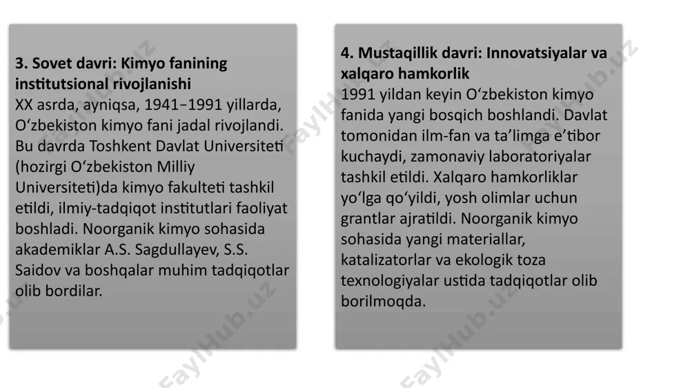 yo klasterlari tashkil etish va yangi ishlab chiqarish quvvatlarini yaratish rejalashtirilgan. shuningdek, yuqori malakali kadrlarni tayyorlash va ilmiy tadqiqotlarni ishlab chiqarish bilan hamkorlikda rivojlantirish strategiyasi ham muvaffaqiyatli amalga oshirilmoqda. umuman olganda, kimyo sanoatining kelajakdagi muvaffaqiyati o‘ziga xos texnologik yangilanishlarga, investitsiya oqimlariga va innovatsion yondashuvlarga bog‘liq bo‘lib, mamlakatni dunyo bozorlarida raqobatbardosh qilishda muhim rol o‘ynaydi. image1.jpeg image2.png image3.jpeg image4.jpeg image5.jpeg image6.jpeg image7.jpeg /docprops/thumbnail.jpeg