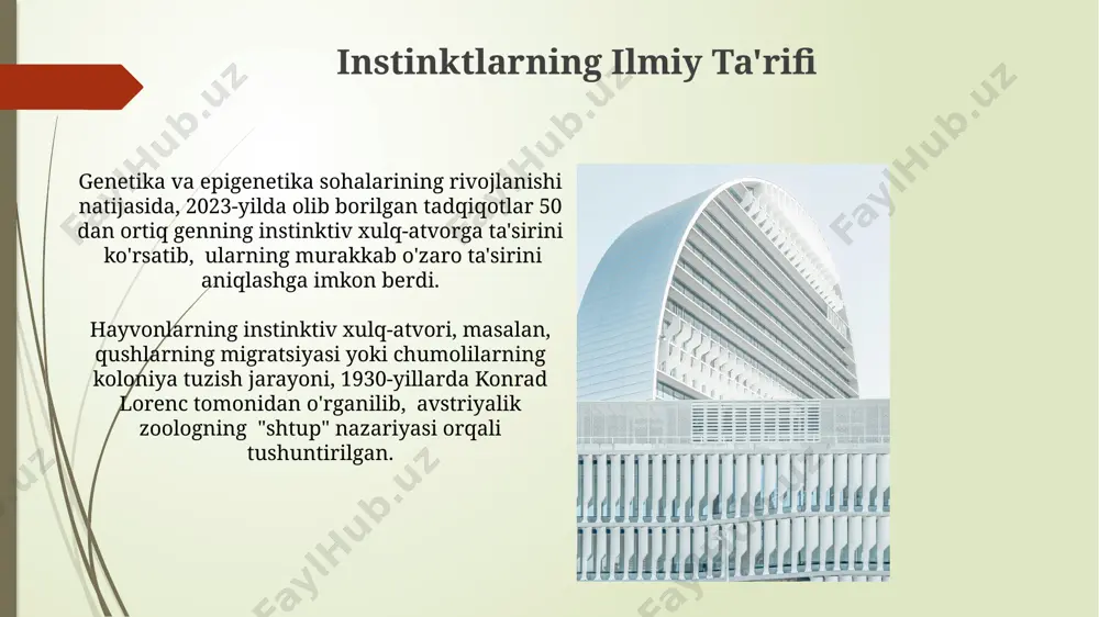 niversiteti olimlarining prognozlari bo'yicha 20% gacha aniqroq natijalarga erishish mumkin bo'ladi. instinktlar va texnologiya 2023-yilgi ma'lumotlar shuni ko'rsatadiki, o'zbekistonda 15 yoshdan yuqori 7 million foydalanuvchi onlayn xarid qilishda instinktiv xarid qilish usullaridan foydalanadi, bu esa marketing strategiyalariga ta'sir ko'rsatadi. google trends ma'lumotlariga ko'ra, "onlayn instinkt" so'rovlarining soni toshkent shahrida 2022 yildan 2023 yilga qadar 30% ga oshgan, bu esa texnologiyaning inson instinktiga ta'sirini aks ettiradi. inson instinktlarining o'ziga xosligi inson instinktlari, hayvonlarnikidan farqli o'laroq, 20 dan ortiq miqdordagi genetik omillar ta'sirida shakllanib, madaniy va ijtimoiy omillar ta'siri ostida 30% ga o'zgaradi, masalan, aqsh va yaponiya jamiyatlarida farqlar kuzatiladi. insonning oziq-ovqat tanlash instinkti, taxminan 5000 yil avvalgi mesopotamiya davrida mavjud bo'lgan o'simliklarga qaraganda, hozirgi zamon globalizatsiyasi tufayli 10 baravar ko'p turdagi mahsulotlarni o'z ichiga oladi. instinktlar va ijtimoiy xulq-atvor 2023-yilgi tadqiqotlar shuni ko'rsatdiki, insonning ijtimoiy xulq-atvori, genetik moyilliklar bilan birgalikda, 70% atrof-muhit omillari, masalan, o'zbekistonning qishloq joylarida o'sish bilan shakllanadi. miyada …