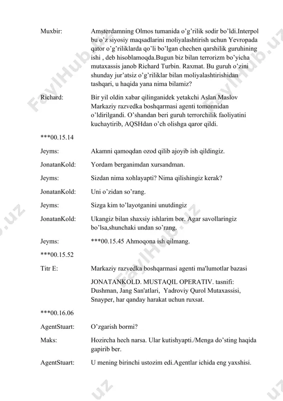 tepaga. ***00.19.24 nikolay: bu yerga kel.// ***00.19.37 buni och. sotuvchi: men raqamlarni bilmayman. qila olmayman. nikolay: endichi ? / bo’laqol bo’laqol. tezroq bo’l. yuliya: ***00.19.58 chuqur nafas ol./ bo’laqol birma-bir nikolay: bu unchalik qiyinmasdi, shundaymi? ***00.20.50 maykl: ikki narsa menga kerakli pulni olib keladi.qurol va qora dori(narkotika) qora dorini yomon ko’raman.haliyam qiziqmi? ***00.20.58 titr e: ikkinchi kun jonatankold: bu mening daromadimga bog’liq. maykl: oldindan 200.000 va ish bitgandan keyin 800.000 jonatankold: sizni eshityapman. maykl: agar mening o'rnimda bo'lsangiz, buni sotib olgan bo'larmidingiz? jonatankold: yo’q. maykl: nega? jonatankold: chunki bu sxemaning bir qismi. maykl: sotuvchi bizni qiziqtirmoqchi bo’ldi. jonatankold: bu aniq. bunday holda, hamma narsaning kaliti pluton qurolidir, agar sizda yo'q bo'lsa, unda bu butunlay bema'nilik, ishoning. maykl: siz mahalliy yadro sinovchilarining saxiyligidan hayratda qolasiz, shunchaki kimdan so'rashni bilishingiz kerak. jonatankold: buni tushunaman. maykl: jonatan rozi.shundaymi? jonatankold: ha, bu to’g’ri jeyms: gaplashib olishimiz kerak. maykl: bizni 1 daqiqa kutib turimg.//***00.22.01 tinchlan, …