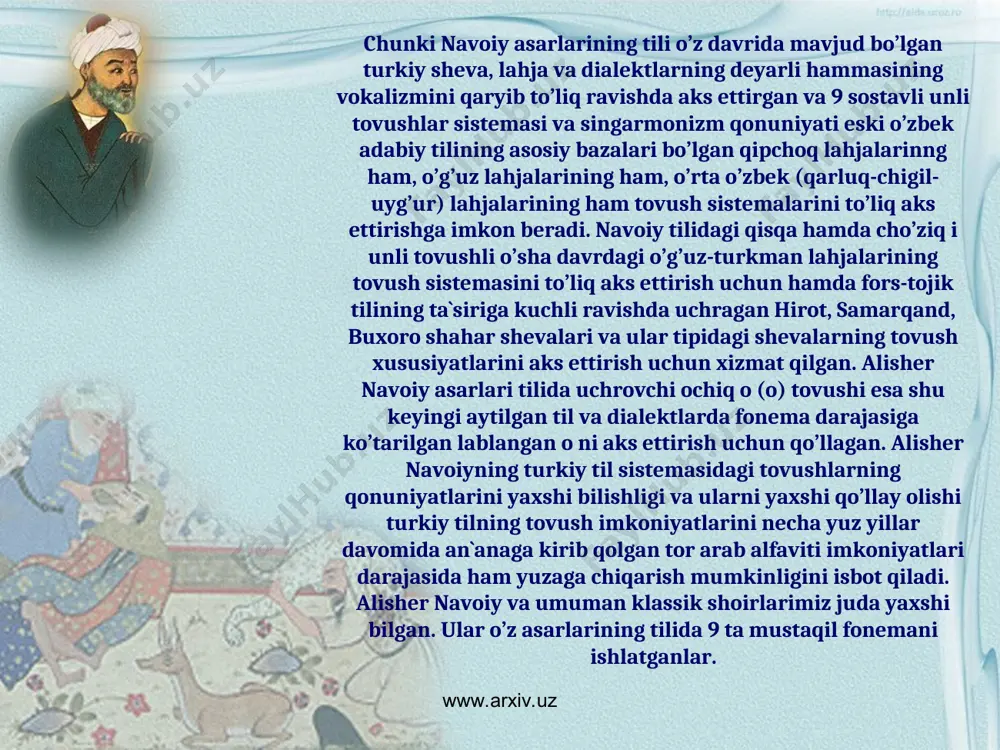 uchun qizg’in kurash olib bordi. navoiy asarlarida qarluq-chigil-uyg’ur lahjasi va qisman qipchoq shevalari xususiyati mavjuddir. navoiy asarlari tilining fonetikasi hozirgi zamon o’zbek tili va 10-13-asr yodnomalari tilining fonetikasidan o’zining ba`zi xususiyatlari bilan farq qilai. navoiy tilining fonetik xususiyatlari bilan bog’liq bo’lgan masalalar hali to’liq-to’kis ravishda hal qilingani yo’q. navoiy nutqining fonetik bo’laklari haqida tilshunoslarimiz bir-biriga mos kelmaydigan turli fikrlarni bayon qilganlar. jumladan keyingi kichik fonetik bo’lak sintagmadir. jumla bir yoki bir necha sintagmalarga bo’linadi. sintagma bir yoki bir necha taktdan iborat bo’lishi mumkin. takt sintagmadan kichik fonetik bo’lak bo’lib, bir bosh urg’u ostiga olib talaffuz qilinadigan bo’lakdir. alisher navoiy o’zining «muhokamat ul lug’atayn» asarida taktga quyidagicha bo’lib chiqadi. www.arxiv.uz www.arxiv.uz www.arxiv.uz www.arxiv.uz 1)ishq; 2) axtar-i: -dur 3) daraxshanda; 4) bashariyat; 5) kozi; 6) nur-u; 7) ziyosi; 8) andim; 9) vagarshar-sh:-dur; 10) raxshanda; 11) insoniyat; 12) tojinin; 13) zeb-u; 14) bahosi; 15) andin; kabi taktlarga bo’ladi. takt bir yoki bir necha …