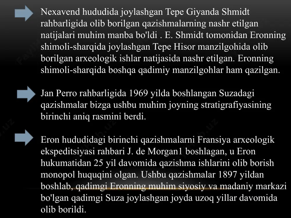 o`rni aniqlangan. taligap yodgorligining yuqori qatlamidan ochib o`rganilgan ko`p xonali imorat o`rtasida joylashgan to`g`ri to`rtburchak o`choq arxeolog olimlar tomonidan sajdagoh sifatida e`tirof etilgan. sopol idishlar qo`lda sifatli ishlab chiqilgan. ularning sirtidagi naqshlar zoomorf va qisman sxematik tarzdagi antropomorf shakllaridan iboorat. tugmasimon muhrlarida sodda geometric muxrlar tushurilgan. bu yodgorlikda mis buyumlar uchramasligi, sheroz vohasida mis ma`danlarini uchramasligidan dalolat beradi. talibakun taxminan mil.avv. iv-mingyillikning o`rtalari bilan sanalanadi. zoomorf va antropomorf shaklli buyumlar sheroz vohasida bu davrda suzianada sodir bo`lgan madaniy o`zgarishlar ya`ni silindr va piktografik yozuvlar uchramaydi. bu janubiy zagros jamoasi elamning ta`sirida tushib ulgurmaganidan dalolat beradi. bu hudud jamoasi moddiy madaniyati namunalari shimoliy ubeyd madaniyati bilan yaqin o`xshashlikka ega. bu madaniyat uchun misdan yasalgan kelt va suyakdan yasalgan bigiz va obsidian plastinkalardan tashkil topgan topilmalar mazkur jamoa moddiy madaniyatidan dalolat beradi. sopol buyumlar va bigizlar xulosa qilib aytganda, eron hududida eneolit davri ancha rivojlangan. bu hududda dehqonchilik va chorvachilik taraqqiy etgan. …