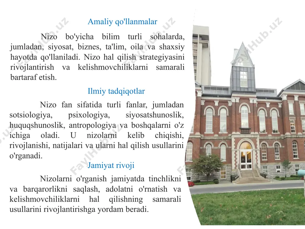 olarning rivojlanishi, eskalatsiyasi, hal qilinishi 3 nizolarni hal qilish muloqot, kelishuv, vositachilik, aralashuv 4 nizo natijalari ijobiy va salbiy oqibatlar, o'zgarishlar 7 nizo rivojlanish bosqichlari 1 boshlanish qarama-qarshiliklarning paydo bo'lishi, to'qnashuvlarning boshlanishi 2 eskalatsya nizolarning kuchayishi, tomonlarning qattiq pozitsiyalariga o'tishi 3 cho'qqisi nizoning eng yuqori nuqtasi, qarama-qarshiliklarning intensivlashuvi 4 hal qilish kelishuvga erishish, muammoni hal qilish, nizoni bartaraf etish 8 “nizoning ijobiy va salbiy tomonlari“ nizoning ijobiy tomonlari: • muammoni shakllantirish va tushunish, qiyinchiliklarni aniqlash imkonini beradi; • yangi echimlarni topishga undaydi; • hayotimizni jonlantiradi, uni yanada jozibali, qiziqarli qiladi; • muloqot shakllarini, munosabatlarni o'rnatish qobiliyatini o'rgatadi; • shaxsiy, kasbiy o'sishga yordam beradi va irodaviy o'zini o'zi boshqarishni rivojlantiradi; • jamoani birlashtiradi; • kognitiv aqliy xususiyatlarni, reaktsiya tezligini, qaror qabul qilishni rivojlantiradi. nizoning salbiy tomonlari: • salomatlikka zarar yetkazadi; • stressni, psixotravmani keltirib chiqaradi; • shaxslararo munosabatlarga, oilalarga, shaxsga zarar keltiradi; • salbiy munosabat, salbiy hayotiy stsenariy shakllanadi. кonfliktogenlar konfliktogenlar …