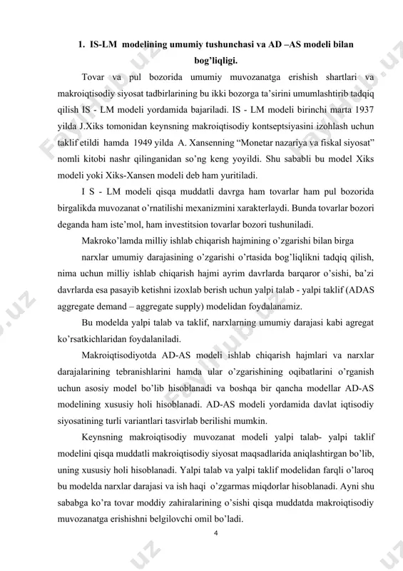vozanatli darajasi va ye milliy ishlab chiqarishning muvozanatli darajasini bildirishini ko’rsatishimiz uchun narxlarning muvozanatli darajasi re emas, balki r1 deb hisoblaymiz. narxlar darajasi r1 bo’lgan vaziyatda korxonalar milliy ishlab chiqarish hajmini y1 miqdoridan oshirmaydi. iste’molchilar narxlar darajasi r1 bo’lganda mahsulotlarni y2 darajada sotib olishga tayyor turadi. ad>as bo’lganligi tufayli iste’molchilar o’rtasidagi raqobat narxlar darajasini re gacha suradi. narxlar darajasining r1 dan re gacha ko’tarilishi ishlab chiqarish hajmini y1 dan ye gacha oshirishga va iste’molchilarning talabini y2 dan ye gacha kamaytirishga olib kelali. va bu ad, as to’g’ri chiziqlari e nuqtada kesishadi. demak, aynan re narx narxlarning muvozanatli darajasi va e muvozanat nuqtasidir. 1-chizmada yalpi talab egri chizig’i yalpi taklif egri chizig’inikeyns kesmasida kesib o’tadi. bunday vaziyatda narxlar darajasi hech qanday ahamiyatga ega emas. buni tushunish uchun avvalo milliy ishlab chiqarishning muvozanatli hajmini ye va muvozanatli narxlar darajasini re bilan belgilaymiz. muvozanatli ishlab chiqarish hajmi aynan ye ekanligini isbotlash uchun bu …