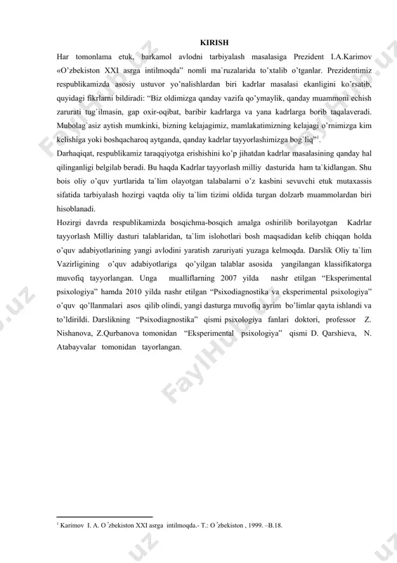 v qo’llanmalari asos qilib olindi, yangi dasturga muvofiq ayrim bo’limlar qayta ishlandi va to’ldirildi. darslikning “psixodiagnostika” qismi psixologiya fanlari doktori, professor z. nishanova, z.qurbanova tomonidan “eksperimental psixologiya” qismi d. qarshieva, n. atabayvalar tomonidan tayorlangan. i.psixodiagnostika va eksperimental psixologiya faniga kirish reja: 1.1.psixodiagnostika va eksperimental psixologiya fanining predmeti va vazifalari. 1.2.psixodiagnostik va eksperimental tekshiruv bosqichlari. 1.3.psixodiagnostika va eksperimental psixologiya turlari. 1.4.psixodiagnostika va eksperimental psixologiya bilan shug‘ullanuvchi psixologga qo‘yiladigan talablar. 1.5. psixologik tadqiqotning asosiy metodologik tamoyillari. maqsad: talabalarda psixodiagnostika va eksperimental psixologiya predmeti va vazifalari, psixodiagnostika va eksperimental psixologiya bilan shug‘ullanuvchi psixologga qo‘yiladigan talablar haqida tushuncha hosil qilish. vazifalar: 1.psixodiagnostika va eksperimental psixologiya fanining predmeti va vazifalarini bayon qilish. 2.psixodiagnostik va eksperimental tekshiruv bosqichlarini asoslash. 3.psixodiagnostika va eksperimental psixologiya turlarini yoritish. 4.psixodiagnostika va eksperimental psixologiya bilan shug‘ullanuvchi psixologga qo‘yiladigan talablarni asoslash. 5. psixologik tadqiqotning asosiy metodologik tamoyillari bilan tanishtirish. tayanch tushunchalar: psixik taraqqiyot diagnostikasi; psixodiagnostika; eksperimental psixologiya; eksperiment (tajriba); simptomatik diagnoz; etiologik …