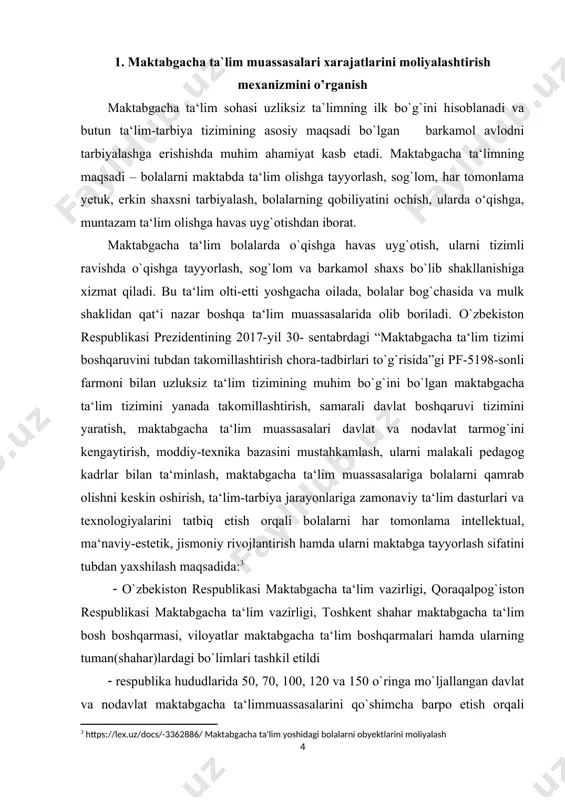 ta‘lim boshqarmalari hamda ularning tuman(shahar)lardagi bo`limlari tashkil etildi respublika hududlarida 50, 70, 100, 120 va 150 o`ringa mo`ljallangan davlat va nodavlat maktabgacha ta‘limmuassasalarini qo`shimcha barpo etish orqali bolalarni maktabgacha ta‘lim bilan bosqichma-bosqich to`liq qamrab olish, bolalarga maktabgacha ta‘lim-tarbiya berishning muqobil turlarini amaliyotga joriy etishga qaratilgan kompleks dasturlar ishlab chiqildi. 2018-yil boshiga kelib respublikada 4 911 ta davlat maktabgacha ta‘lim muassasasi (mtm) faoliyat olib borayotgan bo`lib, 2 mln. 450 mingga yaqin bog`cha yoshidagi (3-7 yosh) bolalarning 739 ming 600 nafari (30,2 foizi) mtm bilan qamrab olingan183. ushbu sohada sog`lom va har tomonlama rivojlangan o`sib kelayotgan avlodni tarbiyalashga salmoqli hissa qo`shib kelayotgan 57 mingdan ortiq mutaxassislar mehnat qilmoqda[footnoteref:4] [4: https://lex.uz/docs/-3362886/maktabgacha ta'lim yoshidagi bolalarni tarbiyalash] maktabgacha ta‘lim, shakli va usullaridan qat‘i nazar, quyidagi vazifalarni bajaradi: – bolalarning hayotini muhofaza qilish va sog`lig`ini mustahkamlash; – bolalarda xalqimizning yuksak ma‘naviyati va insonparvarlik an‘analariga sadoqat tuyg`ularini shakllantirish; – bolaning shaxsini va boshqa jihatlarini rivojlantirgan holda uni …
