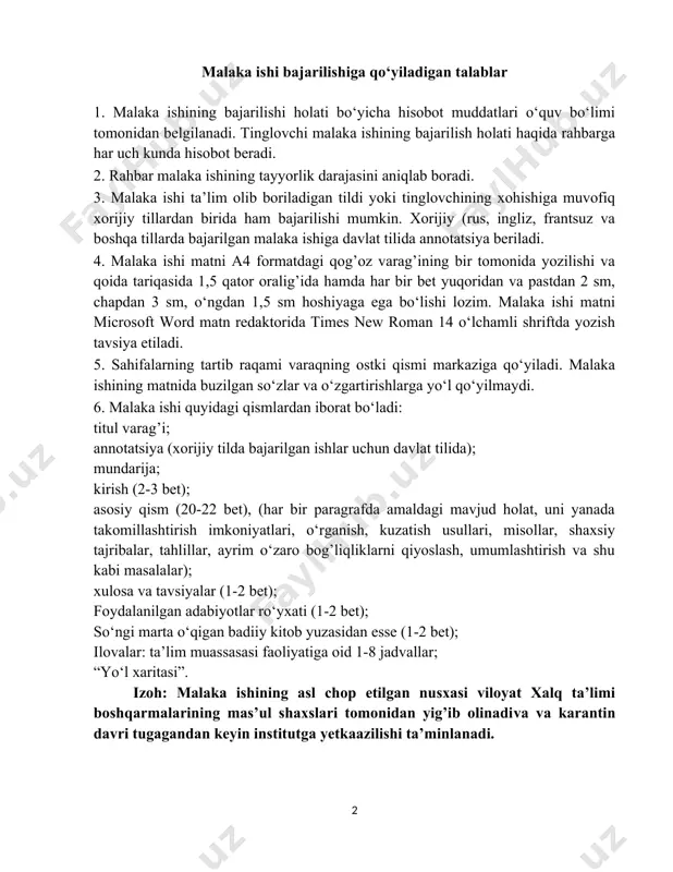 nish, kuzatish usullari, misollar, shaxsiy tajribalar, tahlillar, ayrim o‘zaro bog’liqliklarni qiyoslash, umumlashtirish va shu kabi masalalar); xulosa va tavsiyalar (1-2 bet); foydalanilgan adabiyotlar ro‘yxati (1-2 bet); so‘ngi marta o‘qigan badiiy kitob yuzasidan esse (1-2 bet); ilovalar: ta’lim muassasasi faoliyatiga oid 1-8 jadvallar; “yo‘l xaritasi”. izoh: malaka ishining asl chop etilgan nusxasi viloyat xalq ta’limi boshqarmalarining mas’ul shaxslari tomonidan yig’ib olinadiva va karantin davri tugagandan keyin institutga yetkaazilishi ta’minlanadi. t/r mavzu rejasi (mundarija) bet kirish .................................................................................................... 4-7 1. rahbarga qo’yilgan talablar, uning fazilatlari va uslublari . .................................................................................................................... 8-17 2. rahbarlik psixologiyasi(boshqaruv psixologiyasi) va undagi axloqning o’rni. .................................................................................................................... 17-25 3. bugungi kun rahbarlariga qo’yilayotgan talablar va majburiyatlar. .................................................................................................................... 25-31 xulosa va tavsiyalar ………………………………………………………… 32 – 34 foydalanilgan adabiyotlar ro‘yxati...................................................... 35 so‘ngi marta o‘qigan badiiy kitob yuzasidan “esse” .............................. 36 ilovalar: ta’lim muassasasi faoliyatiga oid 1-8 jadvallar…………………… 38-45 rahbarning ta’lim muassasasini rivojlantirishdagi maqsadi “missiyasi” ............................................................................................... 46 umumta’lim maktabini rivojlantirish va ta’lim sifatini oshirish …