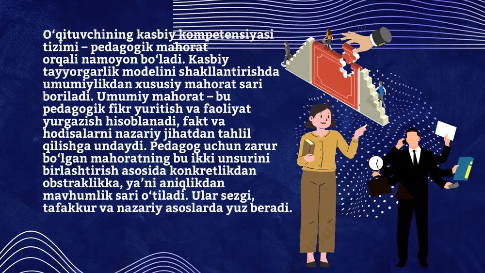 dagog faoliyatining maqsadi va mazmuni: - talabalarning o‘z-o‘zlari bilan erkin bo‘lishlari uchun erkinlik berish; - har bir talabaning o‘zini rivojlantirishiga erishish; - talabalarning individual shaxsiy xususiyatlarini rivojla nishiga yordamlashish; - talabalarning qobiliyati, qiziqishi va imkoniyatlariga tashkil etilgan ta’lim jarayonining mos kelishi; - talabalarning qiziqishi va layoqatlarini hisobga olgan holda, foydali narsalarni o‘zlashtirishlariga undash; - talabalar ma’naviy qadriyatlarni o‘rganishlari asosida axloqiy va insoniy sifatlar rivojlanadi. oʻqituvchining kasbiy sifatlari eʼtiboringiz uchun rahmat! termiz davlat pedagogika instituti boshlangʻich taʼlim yoʻnalishi 101-guruh talabasi aliqulova layloning umumiy psixologiya fanidan tayyorlagan taqdimoti click to edit master title style click to edit master text styles second level third level fourth level fifth level 4/29/2024 ‹#› click to edit master title style click to edit master text styles second level third level fourth level fifth level 4/29/2024 ‹#› click to edit master title style click to edit master text styles second level third level fourth level fifth level …