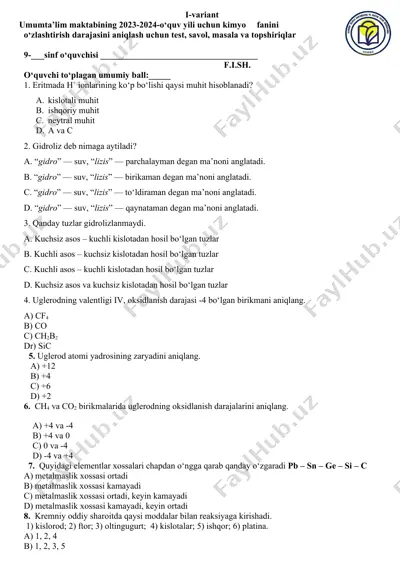 kimyo fanini o‘zlashtirish testi — DOC