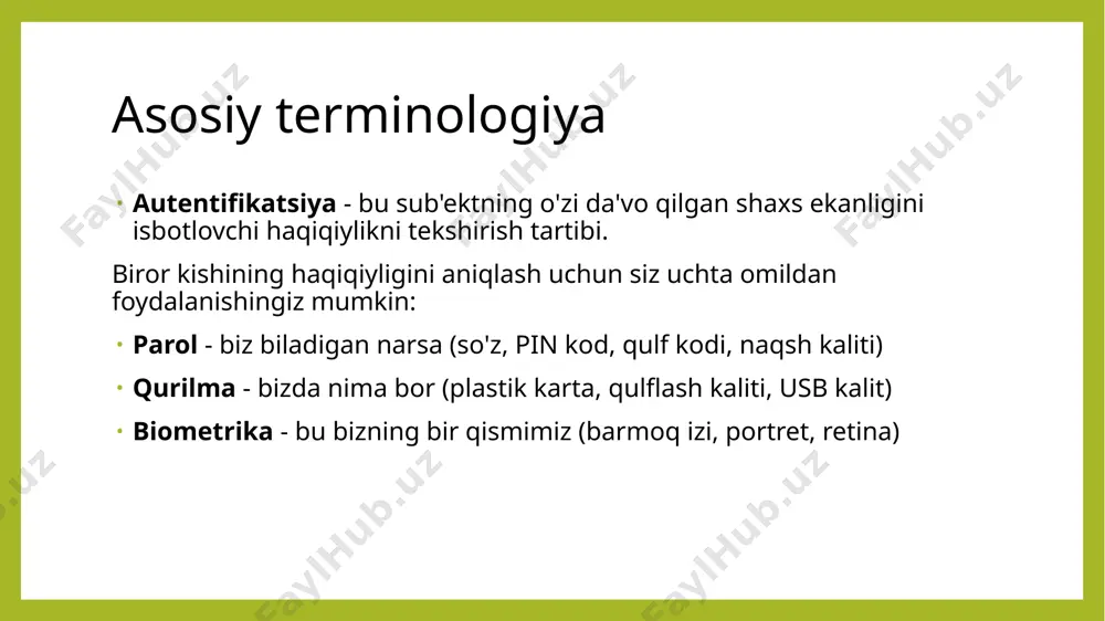 rametrlarini ko‘rsatuvchi “www- autentifikatsiya ” sarlavhasini qo‘shadi. http autentifikatsiyasi 2. bunday javobni olgan brauzer avtomatik ravishda foydalanuvchi nomi va parolni kiritish uchun dialog oynasini ko'rsatadi . foydalanuvchi o'z hisob ma'lumotlarini kiritadi. 3. ushbu veb-saytga keyingi barcha so'rovlarda brauzer avtomatik ravishda http “ authorization ” sarlavhasini qo'shadi, bu esa server tomonidan autentifikatsiya qilish uchun foydalanuvchi ma'lumotlarini uzatadi. 4. server ushbu sarlavhadagi ma'lumotlardan foydalangan holda foydalanuvchini autentifikatsiya qiladi. ruxsat berish (avtorizatsiya) to'g'risidagi qaror foydalanuvchining roli, acl yoki boshqa hisob ma'lumotlari asosida alohida qabul qilinadi. http autentifikatsiyasi sxemalar butun jarayon standartlashtirilgan va barcha brauzerlar va veb-serverlar tomonidan yaxshi qo'llab-quvvatlanadi. xavfsizlik darajasida farq qiluvchi bir nechta autentifikatsiya sxemalari mavjud : basic eng oddiy sxema bo'lib, unda foydalanuvchi nomi va paroli avtorizatsiya sarlavhasida shifrlanmagan shaklda uzatiladi (base64-kodlangan). biroq, https (ssl orqali http) protokolidan foydalanilganda , u nisbatan xavfsizdir. http autentifikatsiyasi sxemalar http autentifikatsiyasi sxemalar digest - chaqiriq - javob - server noyob nonce qiymatini yuboradigan …