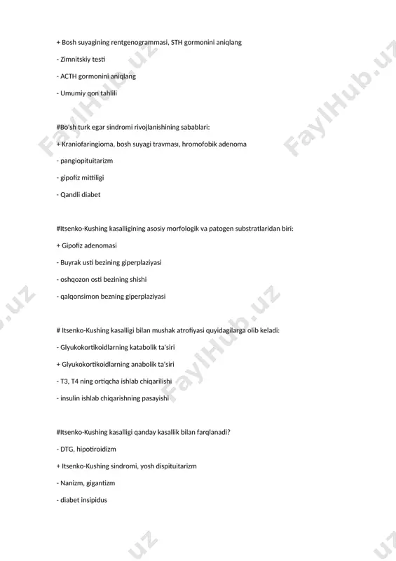r qiladi? - hujayra membranalari bo'ylab - protein katabolizmini oshiradi - protein sintezini pasaytiradi + aminokislotalarni tashishni tezlashtiradi, oqsil sintezini kuchaytiradi #giperprolaktinemiya quyidagilarga bo'linadi: + funktsional, markaziy, asemptomatik - fiziologik, asemptomatik, patalagik - patalagik, funksional, irsiy - markaziy, periferik #giperprolaktinemiyani davolashda qabul qilinadigan dorilar: + dostinex - xloditan - prednizolon - l - tiroksin #gipofiz mittiligi etiologiyasi. : - gipofiz bezining rivojlanmaganligi va aplaziyasi. - gipofiz bezining degeneratsiyasi. - gipofiz bezining shishi. + barcha javoblar to'g'ri #1-toifa diabetning etakchi etiologik omili: - pankreatit - p-hujayralarning virusli shikastlanishi - ruhiy travma + insulin rivojlanishi bilan langerhans orollariga otoimmün zarar #1-toifa diabetning asosiy patogenetik omili: - insulin qarshiligi va p-hujayralarning yo'q qilinishi + b-hujayralarni yo'q qilish va insulin etishmovchiligi - insulin etishmovchiligi, kontrainsulyar gormonlarning ko'payishi - inkretin etishmovchiligi, insulin qarshiligi #mutlaq insulin tanqisligi rivojlanishining asosiy sababi bu: - p-hujayralarning qayta tiklanish qobiliyatining genetik jihatdan aniqlangan pasayishi - progressiv semizlik - oshqozon-ichak traktida …