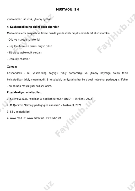 rmush tarzi." - toshkent, 2022 2. m.qodirov. "ijtimoiy pedagogika asoslari." - toshkent, 2021 3. ssv materiallari 4. www.med.uz, www.zdrav.uz, www.who.int