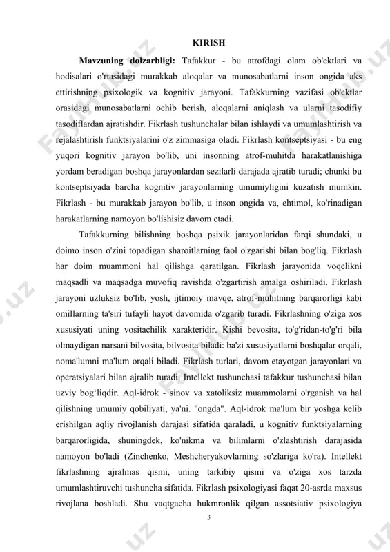 akllari inson tomonidan ob’ektiv reallikni bilishning hissiyotli asoslaridir. lekin alohida jismlar va real olam hodisalarini bilish istalgan amaliy vazifani hal etishda yuzaga keladigan uch ahamiyatga ega bo‘lgan savolga javob topish uchun etarli emas. bu savollar: «yuaga kelgan vaziyatda nimani, qay tarzda bajarish mumkin, va bu harakat natijasida nima hosil bo‘ladi?»dan iborat. bu savollarga javob izlashda bizlarga tafakkur yordam beradi. avvalambor, tafakkur yuksak darajadagi bilish psixik jarayoni hisoblanadi. ushbu jarayonning mohiyati inson tomonidan voqelikning faol ijodiy aks ettirish va o‘zgartirishdan iborat. tafakkur bevosita idrokda anglaymaydiganlarni ochib beradi; u olamni ahamiyatli aloqalar va munosabatlarda, uning turli xildagi vositalarida aks ettiradi. tafakkurning asosiy vazifasi real bog‘liqliklarga asoslangan zarur aloqalarni vaqt va fazodagi tasodifiy mos kelishlardan ajratgan holda aniqlashdan iborat. tafakkur jarayonida tasodifiydan zaruratga, ayrimlikdan umumiylikka o‘tish sodir bo‘ladi. shunday qilib, tafakkurni voqelikni umumlashtirilgan va vositalangan aks ettirish sifatida ta’riflash mumkin. bundan tafakkurning muhim belgilaridan biri umumlashtirishdan iboratligi kelib chiqadi. voqelikni umumlashtirgan holda aks …