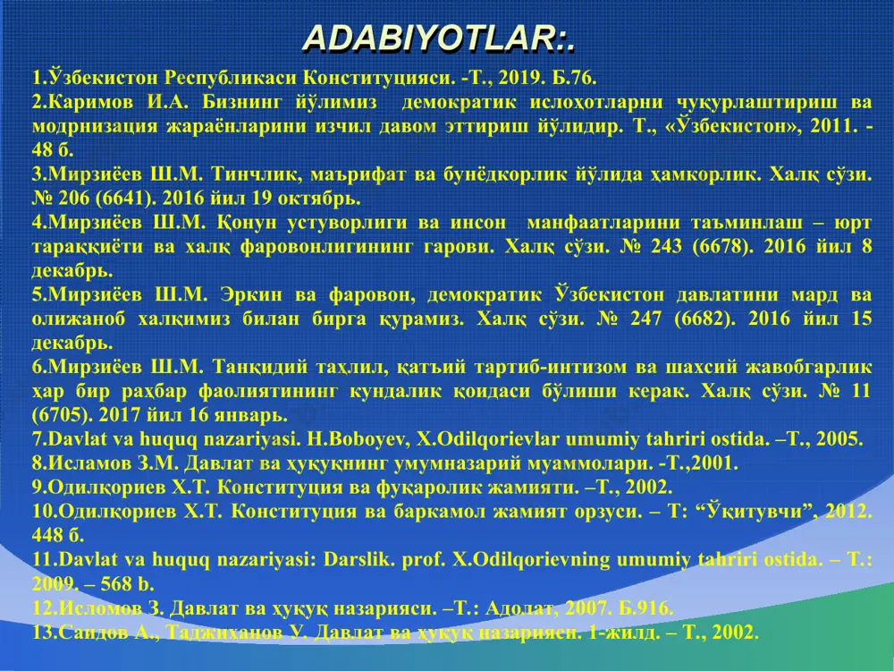 akrorlanishi va samaradorligi tufayli uzoq muddat saqlanib qolgan va odat tusiga kirgan, barqaror xulq-atvor qoidalari i j t i m o i y n o r m a l a r oila, maskan, xalqda avloddan-avlodga o‘tadigan va jamiyatning hayotga layoqatliligi hamda turmush tarzini saqlashga xizmat qiladigan xulq-atvor qoidalari davlat hokimiyatini amalga oshirish jarayonida siyosiy guruhlar, tabaqalar orasida munosabatlarni tartibga soluvchi qoidalar moddiy ishlabchiqarish, ayirboshlash va iste’mol sohasida ijtimoiy munosabatlarni tartibga soluvchi qoidalar i j t i m o i y n o r m a l a r an’ana normalari siyosiy normalar iqtisodiy normalar faqat davlat muayyan tartibga rioya qilgan holda o‘zining maxsus organlari orqali huquqiy normalar o‘rnata oladi huquq – davlat tomonidan o‘rnatilgan va himoya qilinadigan, jamiyatning barcha a’zolari uchun majburiy bo‘lgan maxsus ijtimoiy normalar yig‘indisi huquqiy normalar aniq rasmiylashtirilgan va yozma tartibda mustahkamlangan bo‘ladi huquqiy normalar aniq bir shaxsga emas, balki normada belgilangan holatga nisbatan harakat qiladi davlat …