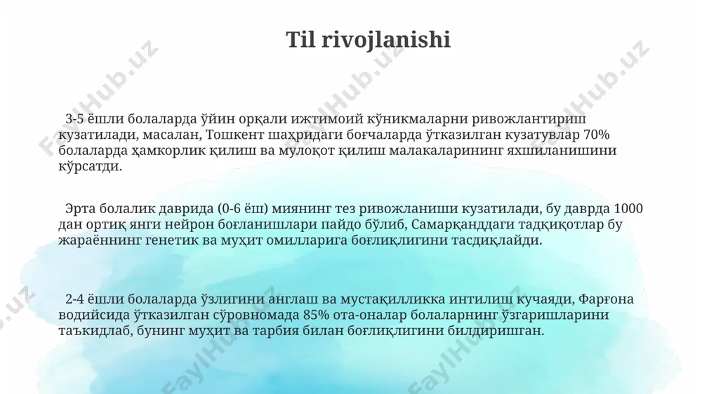 ostiga olinadi. o'zbekistonning turli hududlarida o'tkazilgan tadqiqotlar shuni ko'rsatdiki, qishloq joylarda yashovchi bolalarda hissiy-irqiy rivojlanish shahar bolalariga nisbatan biroz sekinroq kechishi mumkin, bu esa atrof-muhit ta'siriga bog'liq. ijtimoiy-emotsional rivojlanish o'zbekistonning qishloq hududlarida yashovchi bolalarda ijtimoiy-emotsional rivojlanish shahar bolalariga nisbatan 2 yilga kechikishi mumkin, bu esa ta'lim va ijtimoiylashuvga ta'sir ko'rsatadi. erta bolalik davrida (0-3 yosh) bolalarning ijtimoiy-emotsional rivojlanishi ularning ota-onalari bilan bo'lgan munosabatlariga juda bog'liq bo'lib, 70% gacha hissiy javoblarni shakllantiradi. 3-5 yoshlik bolalar o'zlarining his-tuyg'ularini ifoda etishda yanada murakkablashadi, masalan, g'azabni nazorat qilish yoki hamdardlik ko'rsatish kabi 10 dan ortiq turli xil hissiy holatlarni namoyon qiladilar, bu esa o'zaro munosabatlarni rivojlanishiga ta'sir qiladi. xulq-atvor xususiyatlari болаларнинг 6-7 ёшгача бўлган даврдаги эътибор давомийлиги ўртача 15-20 дақиқани ташкил этади, бу эса уларнинг ўқув жараёнларидаги самарадорлигига таъсир кўрсатади, хусусан тошкент шаҳридаги мактабгача таълим муассасаларида. 3-5 ёшли болаларда ўзини-ўзи англаш даражаси паст бўлиб, ўз хатти-харакатларининг оқибатларини тўлиқ англаб етмайдилар, бу эса ўзбекистоннинг турли …